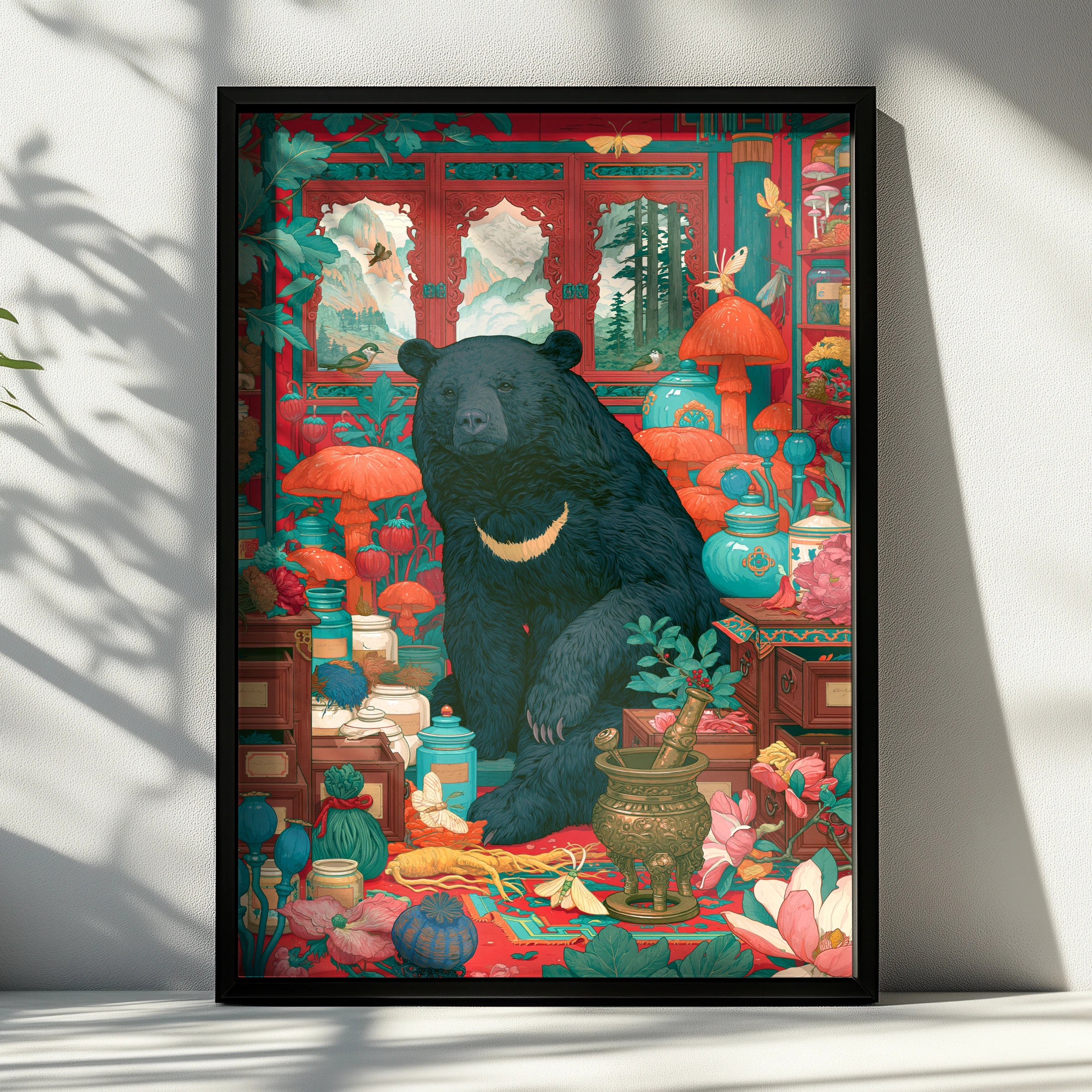 Bear Apothecary Art Print, Botanical Wall Art, Colourful Nature Decor