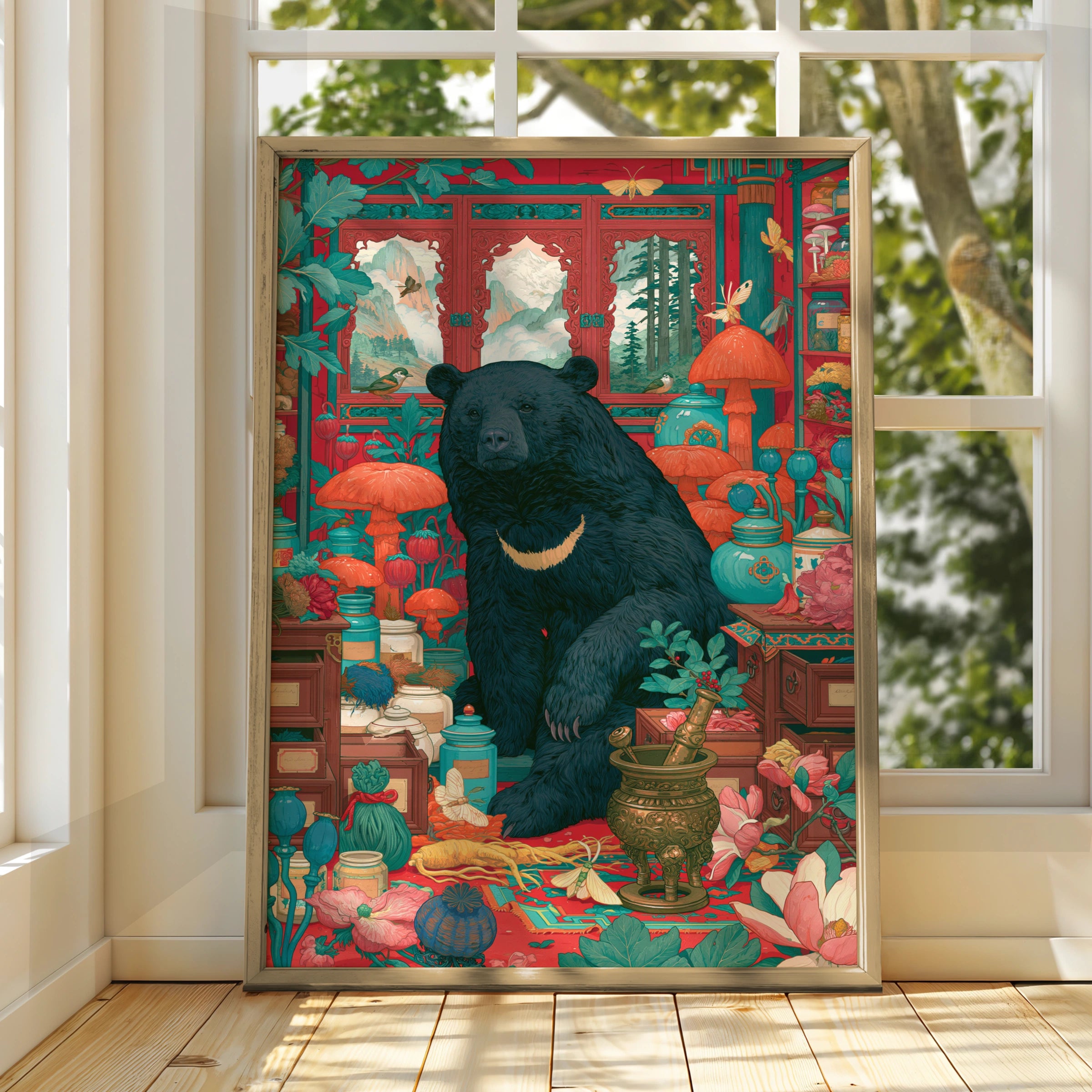 Bear Apothecary Art Print, Botanical Wall Art, Colourful Nature Decor
