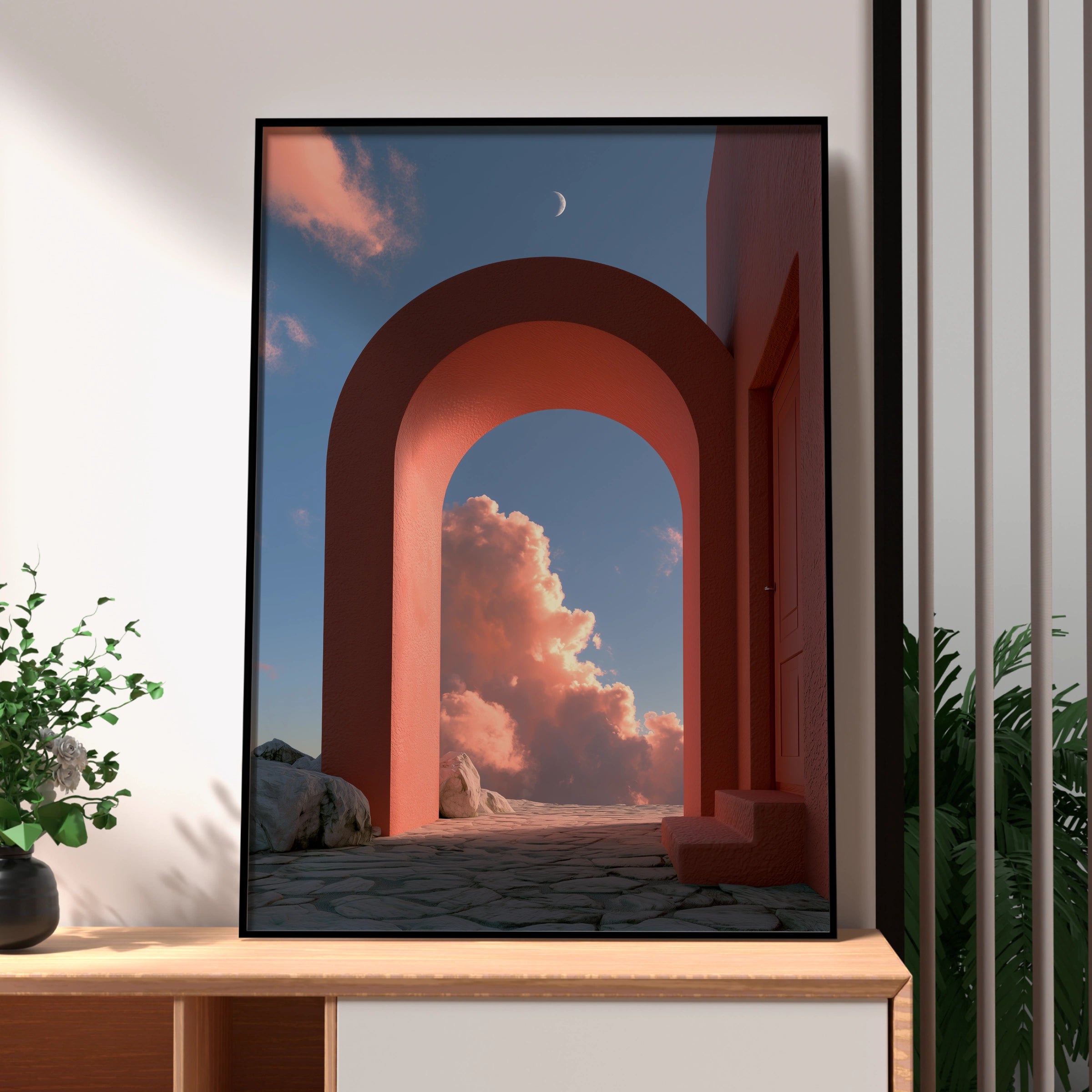 Vibrant Red Archway, Surreal Cloudy Sky, Modern Art Print, Minimalist Decor