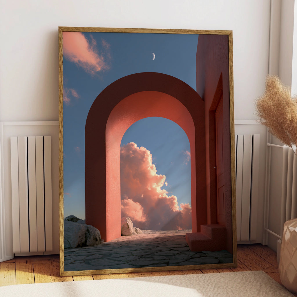 Vibrant Red Archway, Surreal Cloudy Sky, Modern Art Print, Minimalist Decor