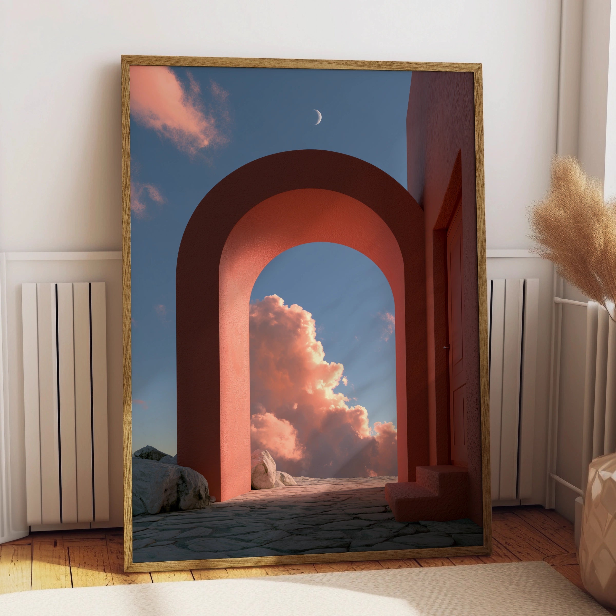 Vibrant Red Archway, Surreal Cloudy Sky, Modern Art Print, Minimalist Decor