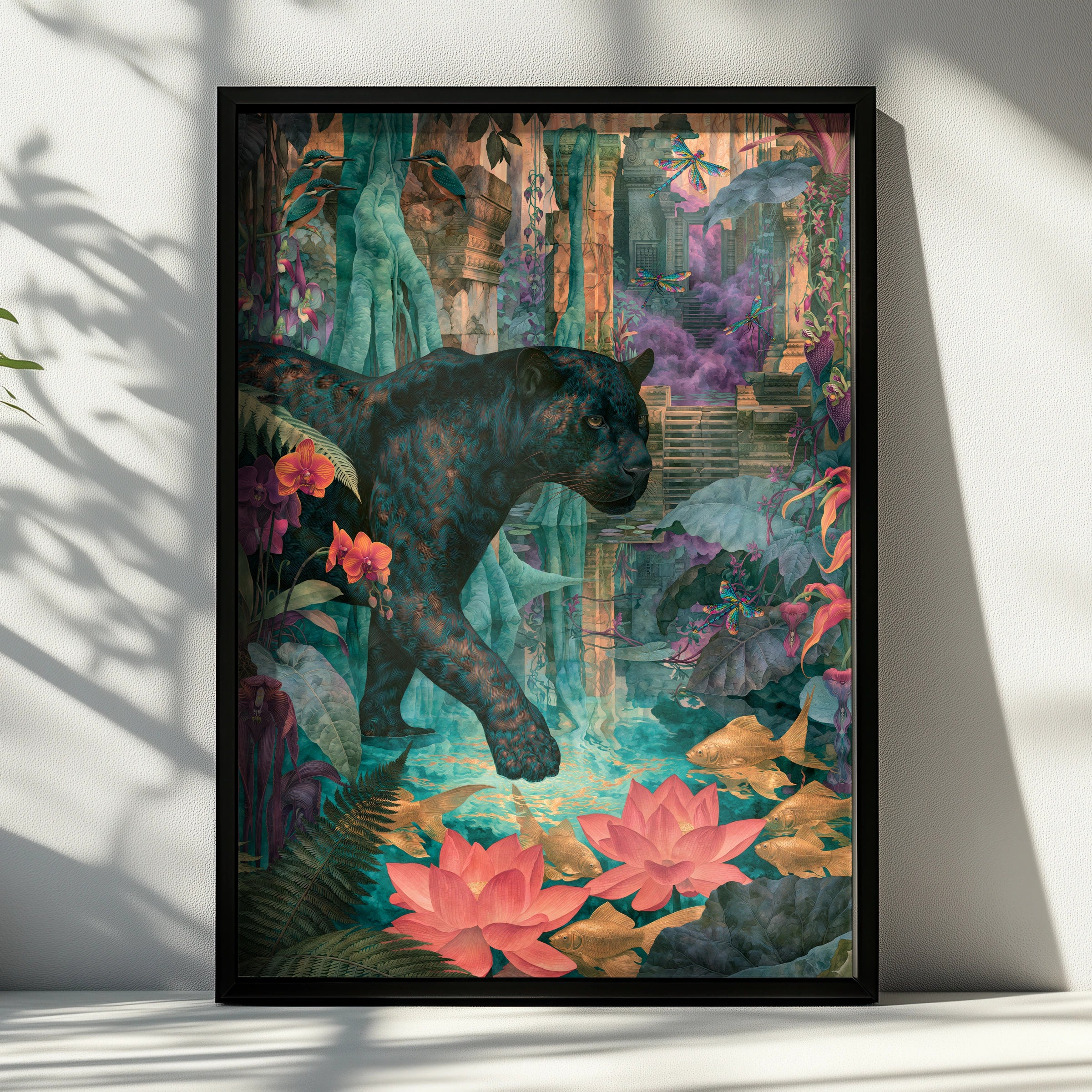 Panther in Lush Jungle Scene, Art Print, Vibrant Wildlife Decor, Tropical Botanical