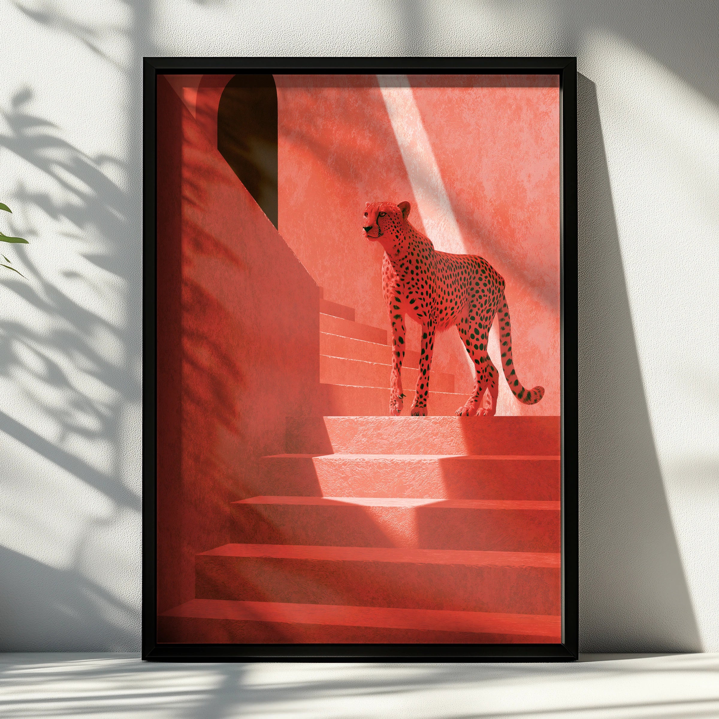 Cheetah on Red Stairs Wall Art, Modern Animal Print, Minimalist Home Decor