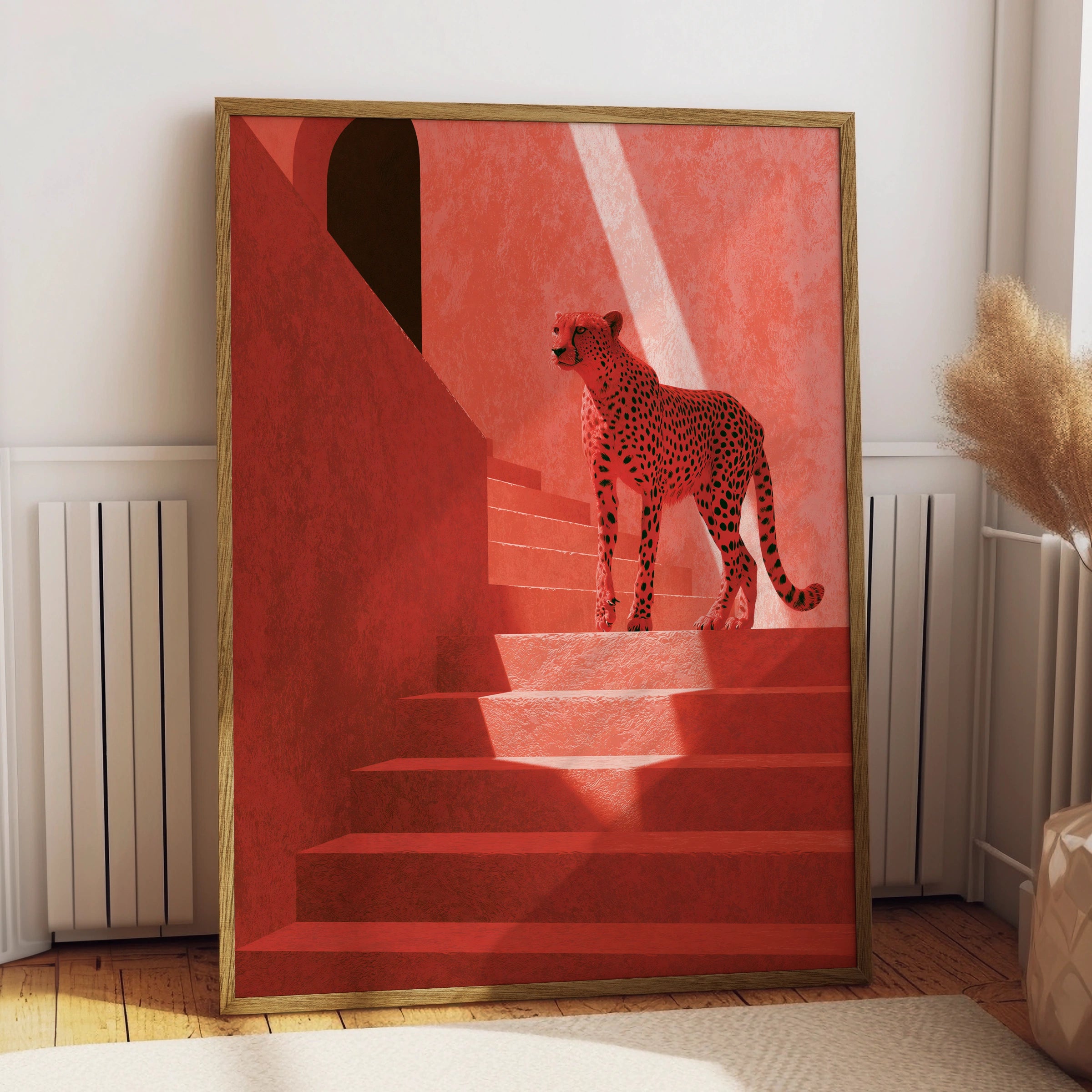 Cheetah on Red Stairs Wall Art, Modern Animal Print, Minimalist Home Decor