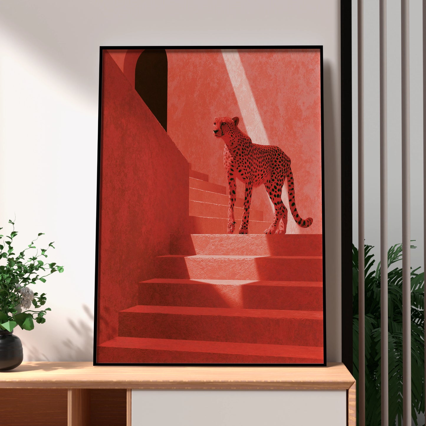 Cheetah on Red Stairs Wall Art, Modern Animal Print, Minimalist Home Decor