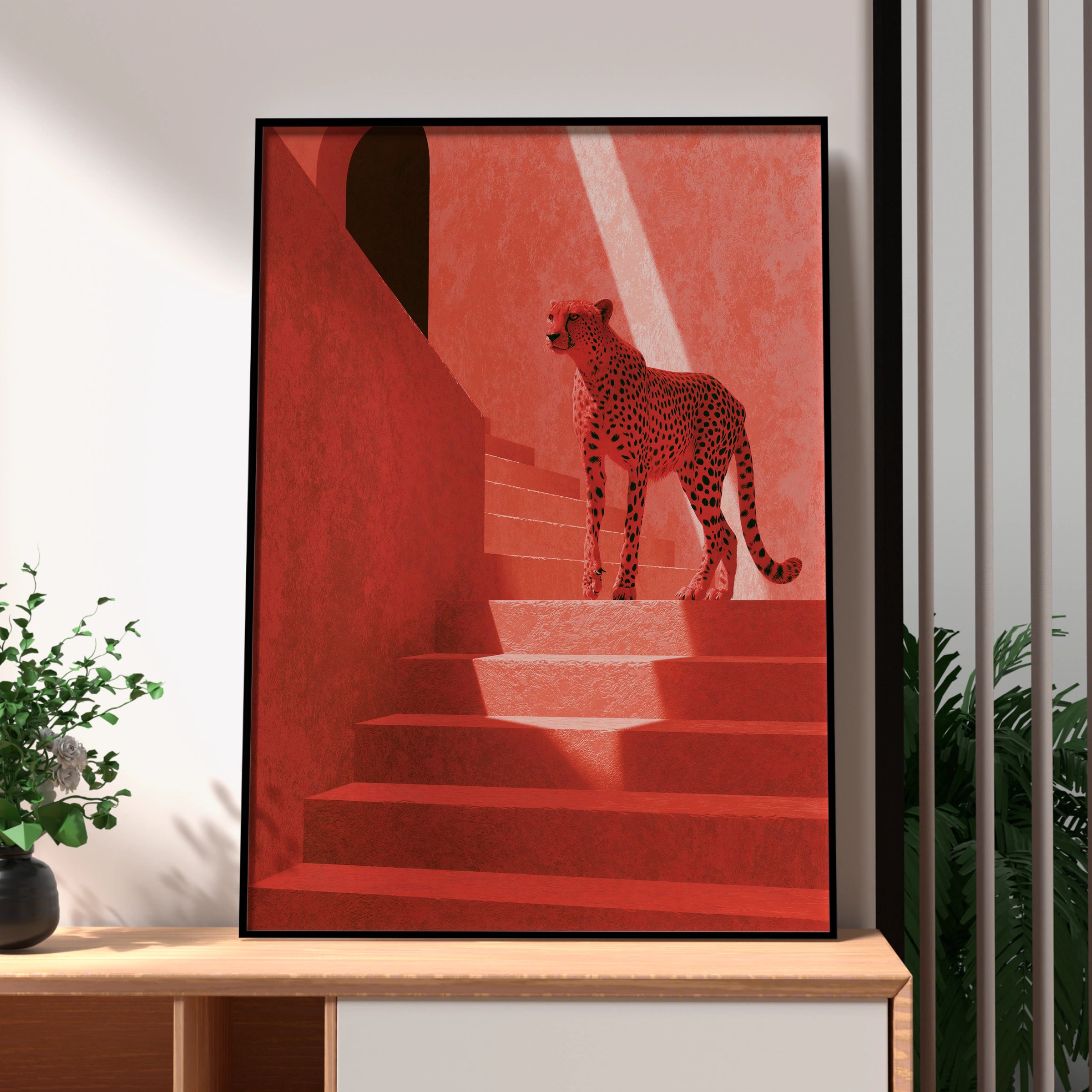 Cheetah on Red Stairs Wall Art, Modern Animal Print, Minimalist Home Decor