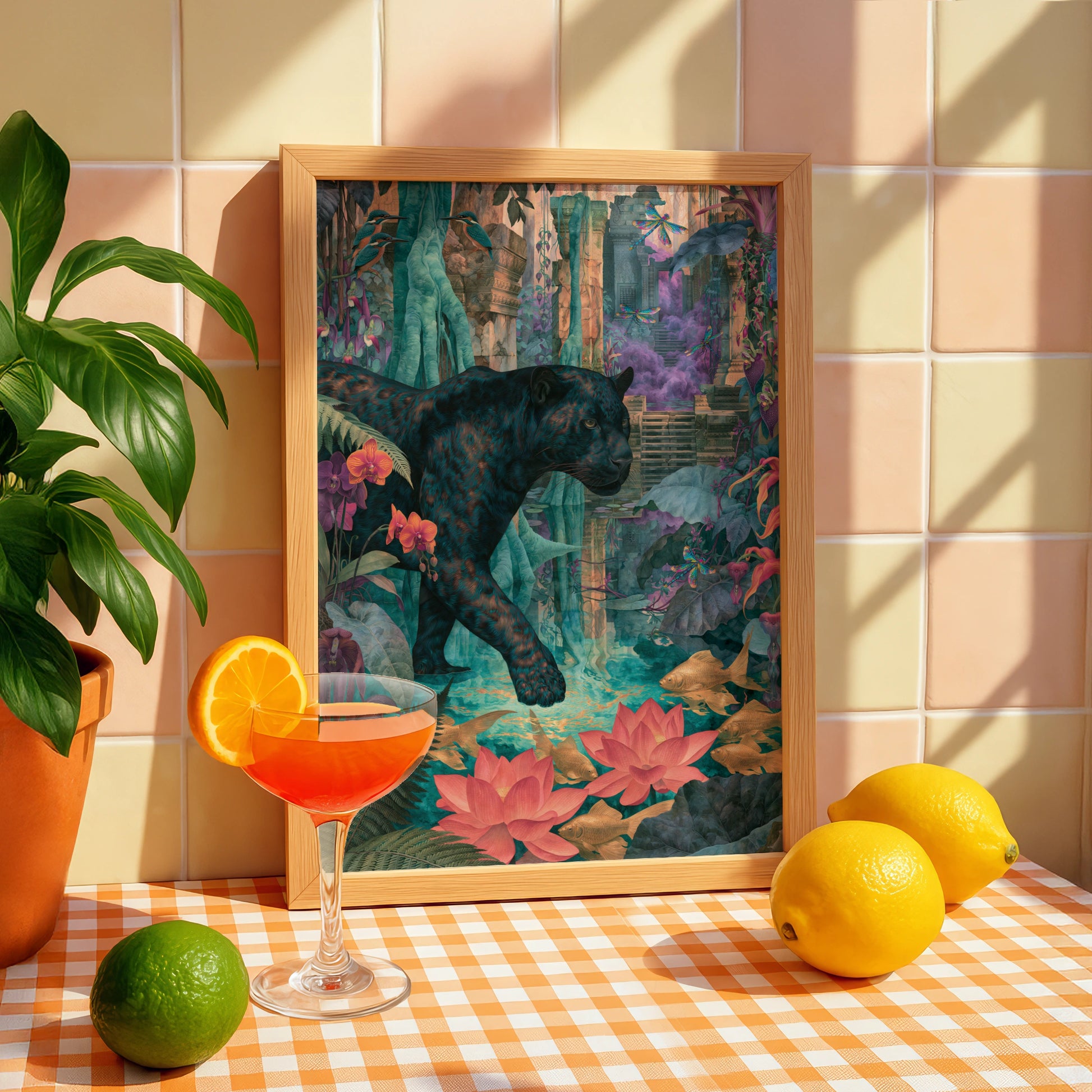 Panther in Lush Jungle Scene, Art Print, Vibrant Wildlife Decor, Tropical Botanical