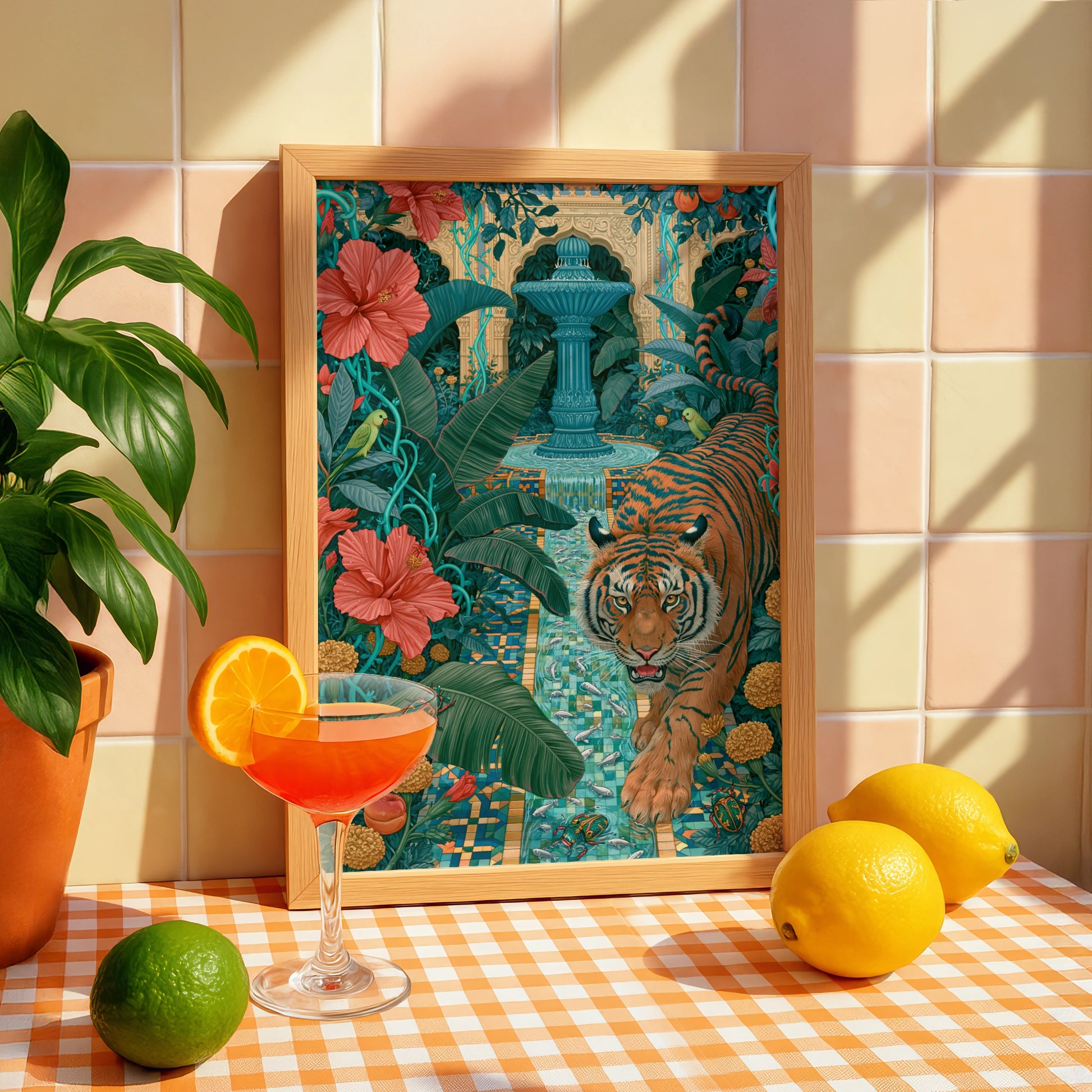Majestic Tiger in Tropical Garden, Art Print, Vibrant Colours, Bold Details, Exotic Flora