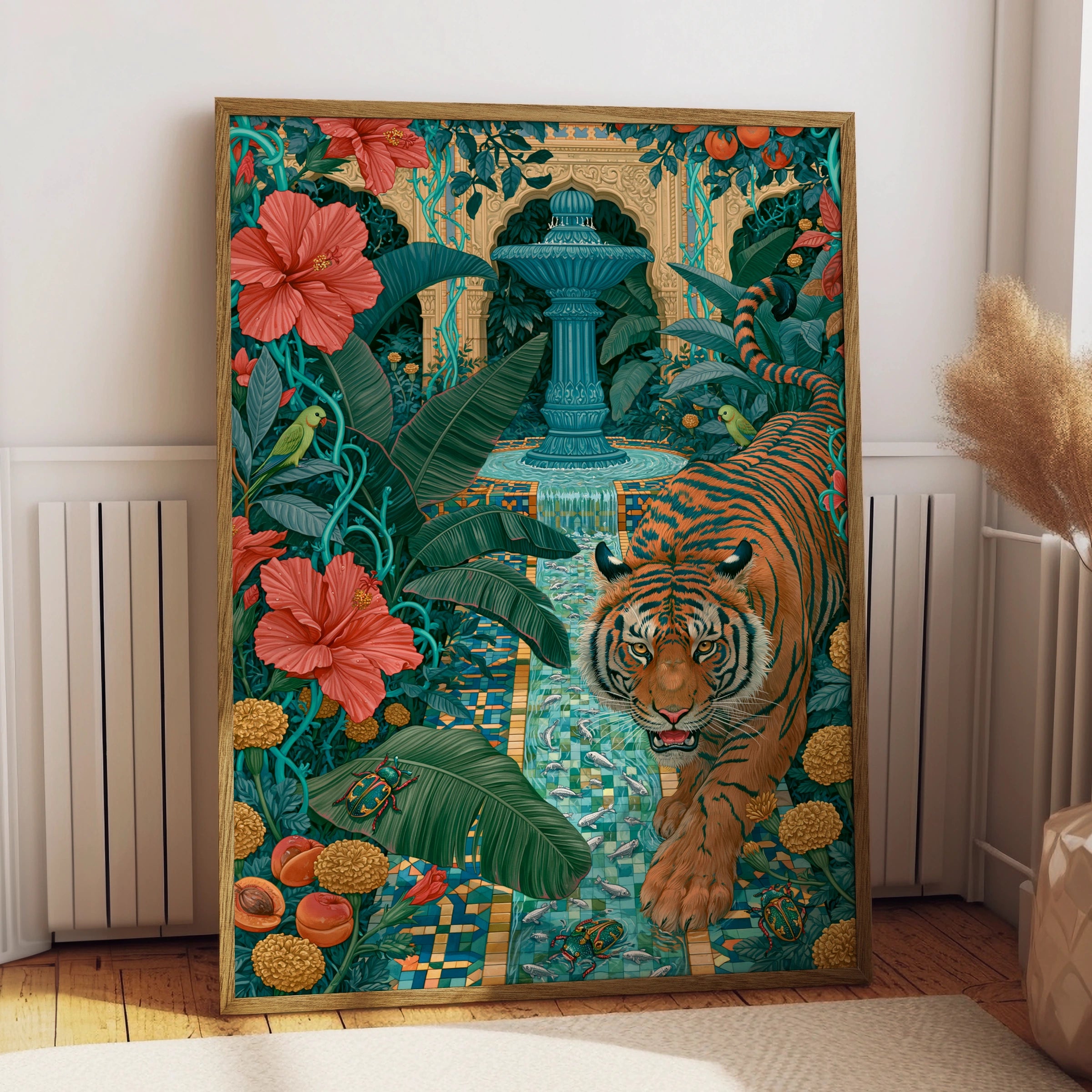 Majestic Tiger in Tropical Garden, Art Print, Vibrant Colours, Bold Details, Exotic Flora