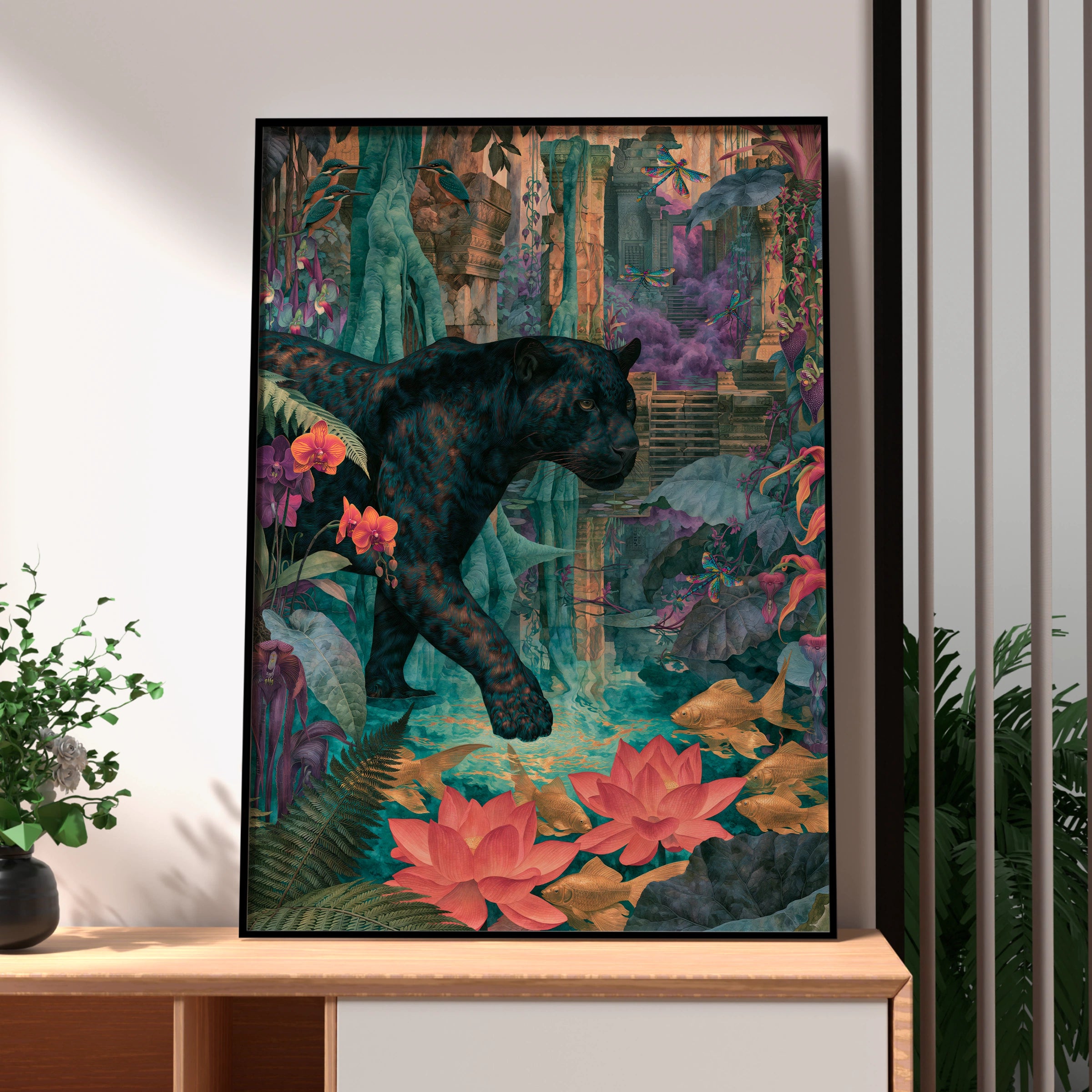Panther in Lush Jungle Scene, Art Print, Vibrant Wildlife Decor, Tropical Botanical