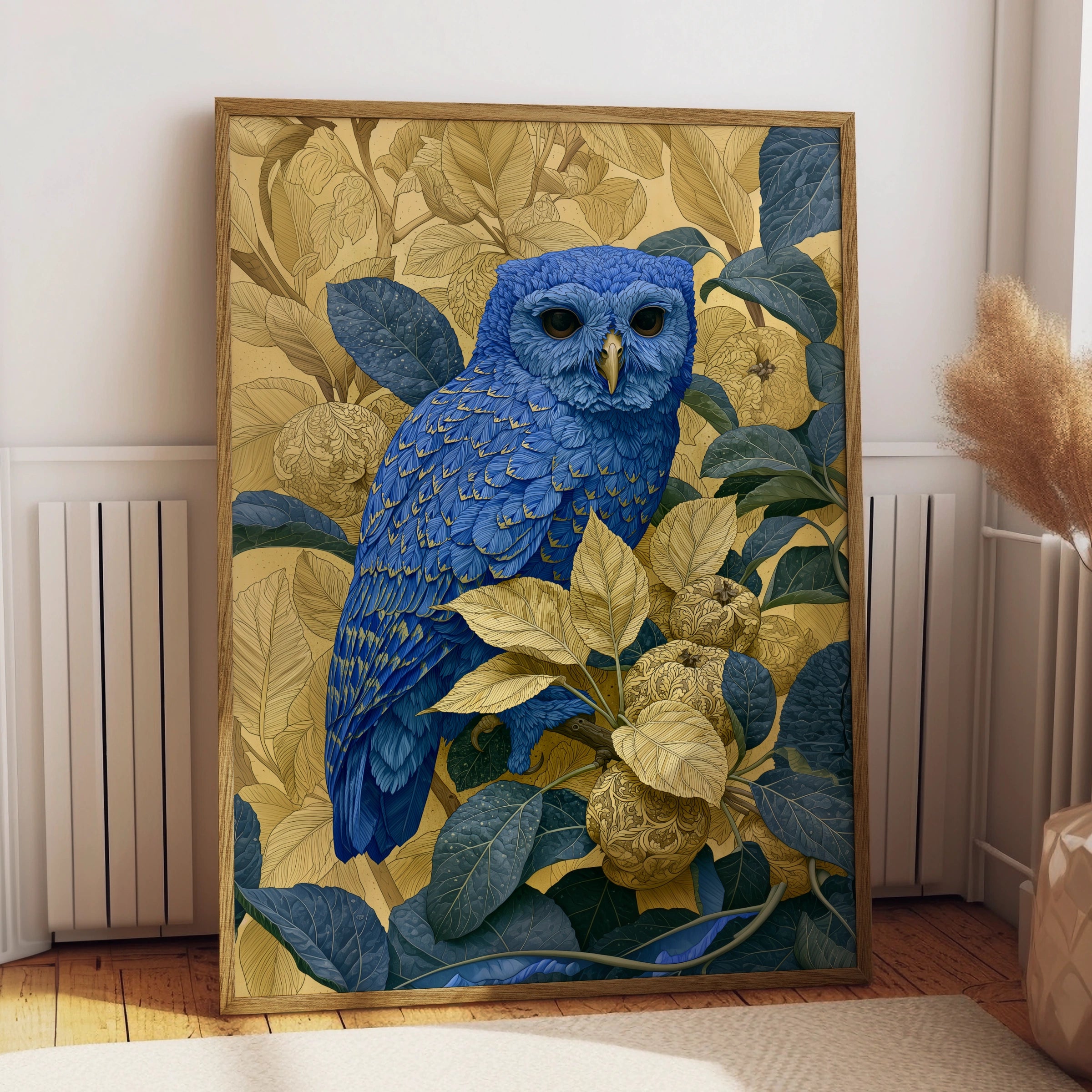 Blue Owl Art Print, Colourful Bird Wall Art, Detailed Floral Illustrations