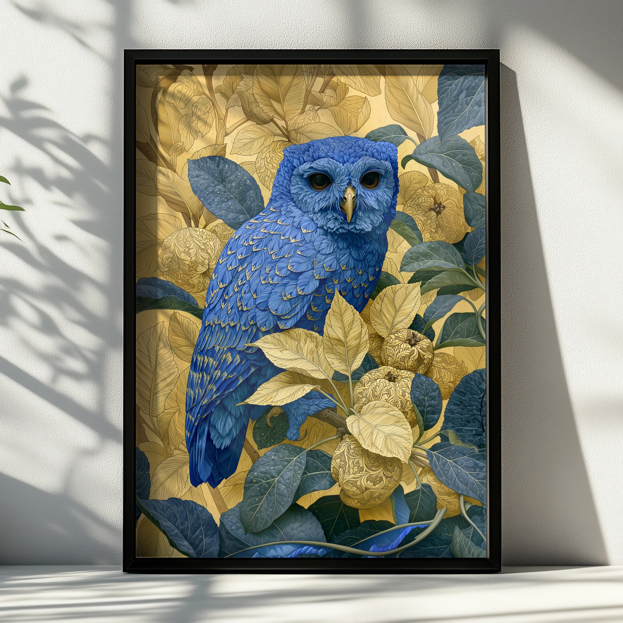 Blue Owl Art Print, Colourful Bird Wall Art, Detailed Floral Illustrations