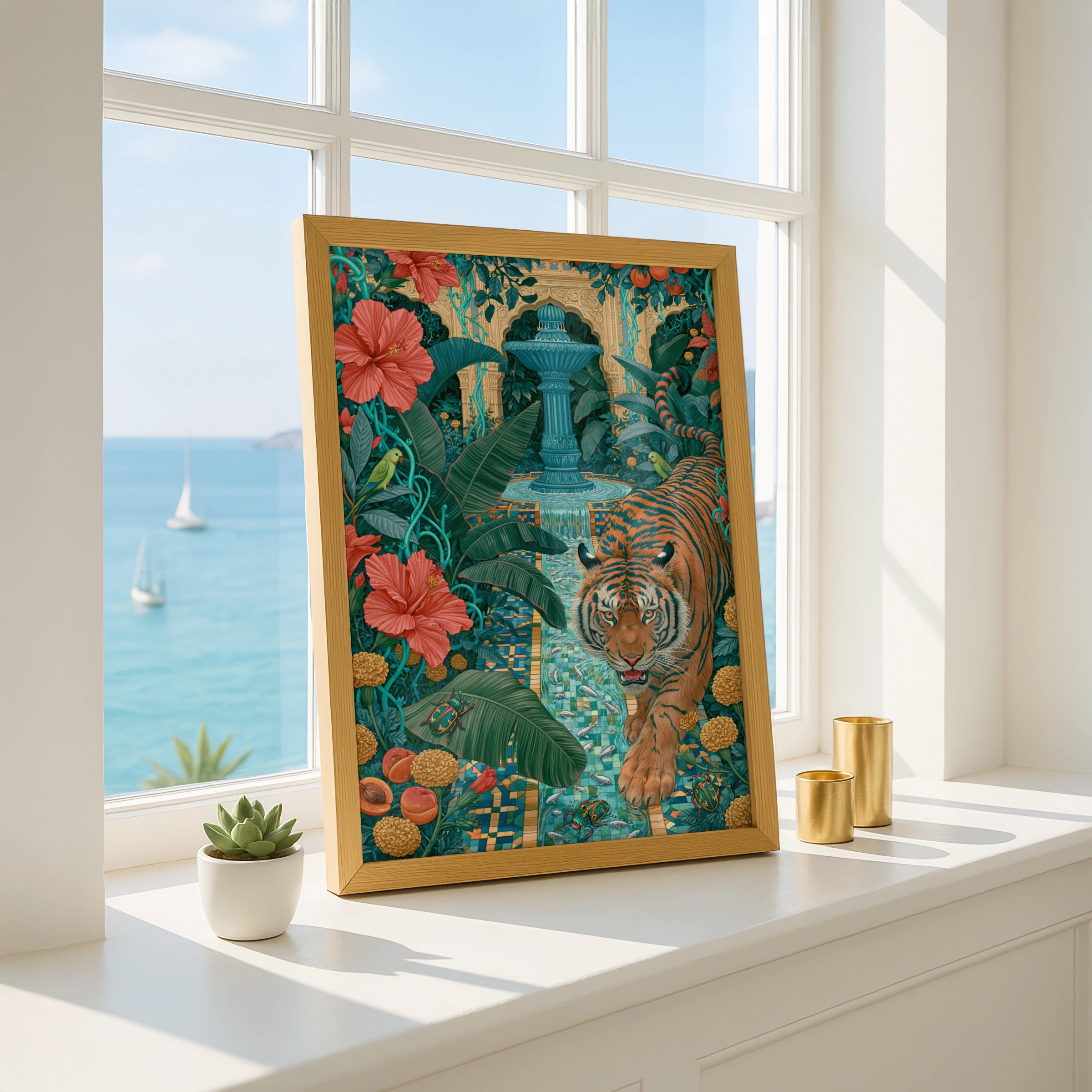 Majestic Tiger in Tropical Garden, Art Print, Vibrant Colours, Bold Details, Exotic Flora