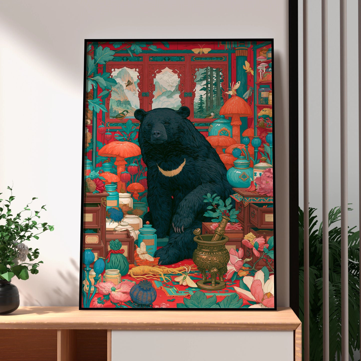Bear Apothecary Art Print, Botanical Wall Art, Colourful Nature Decor