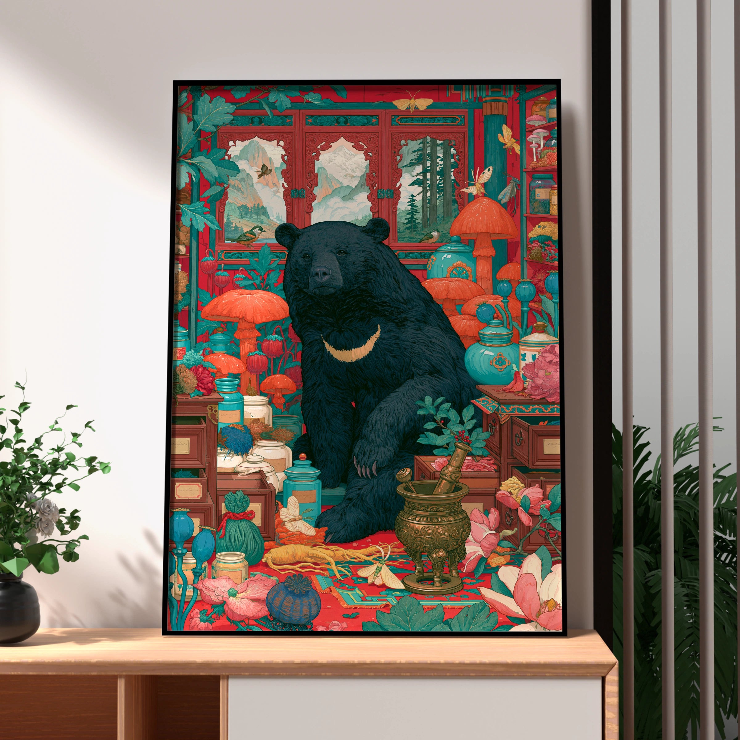 Bear Apothecary Art Print, Botanical Wall Art, Colourful Nature Decor