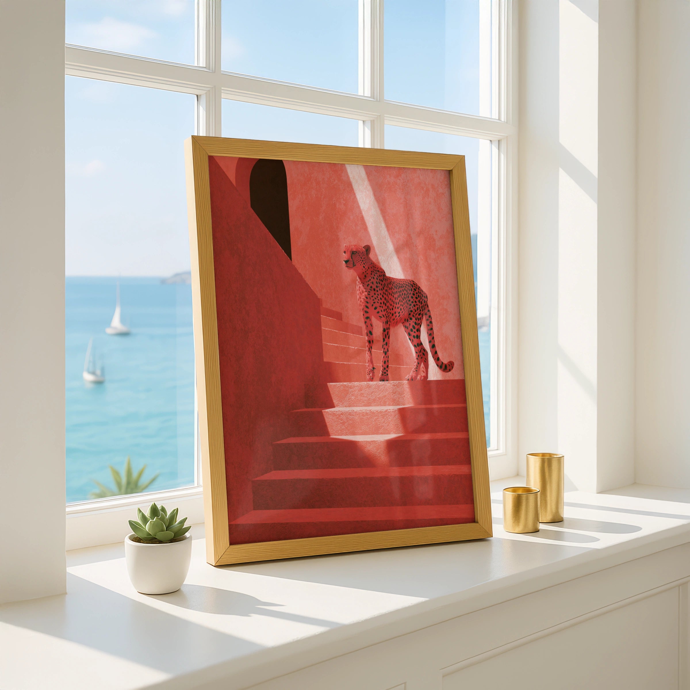 Cheetah on Red Stairs Wall Art, Modern Animal Print, Minimalist Home Decor