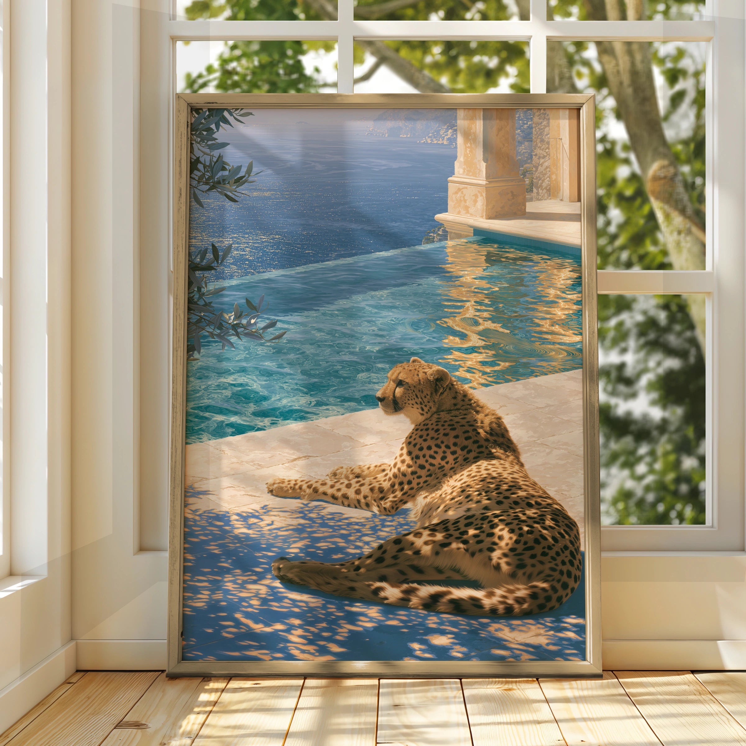 Cheetah by Poolside, Exotic Animal Art Print, Modern Wall Decor for Living Room