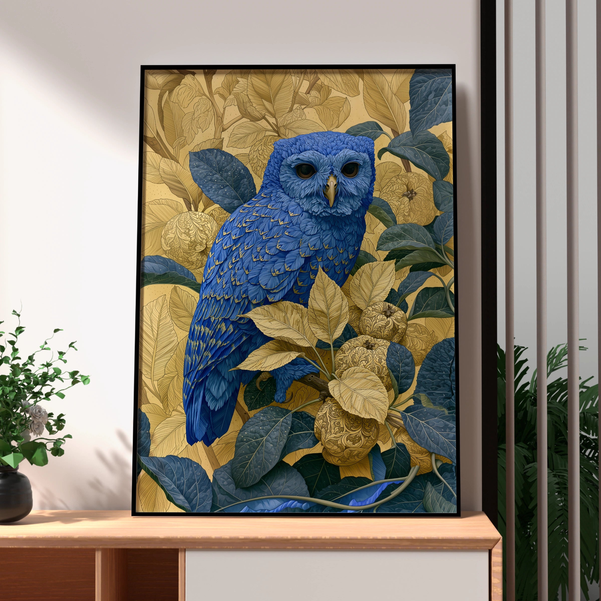 Blue Owl Art Print, Colourful Bird Wall Art, Detailed Floral Illustrations