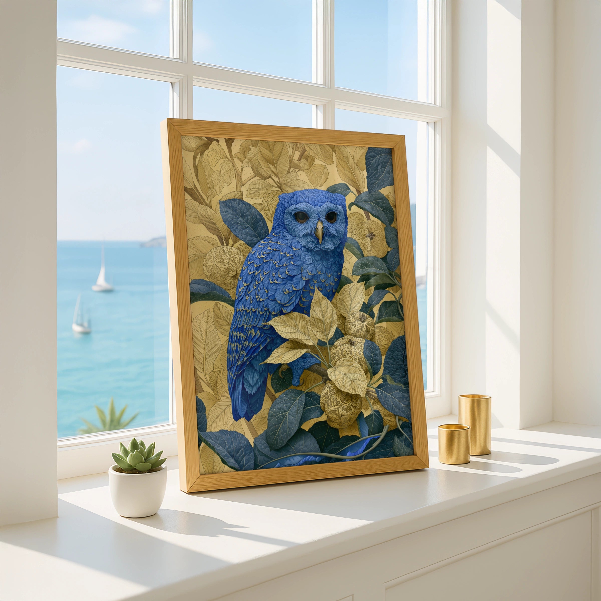 Blue Owl Art Print, Colourful Bird Wall Art, Detailed Floral Illustrations