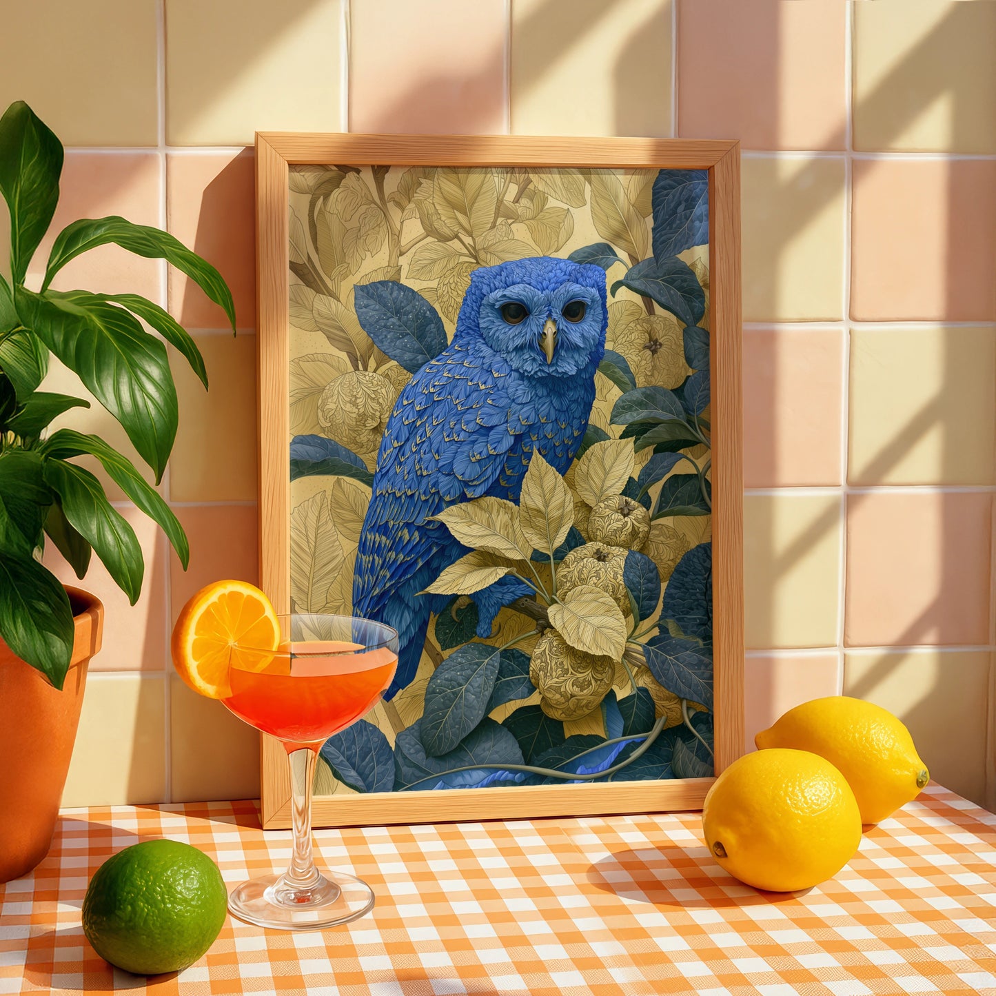 Blue Owl Art Print, Colourful Bird Wall Art, Detailed Floral Illustrations