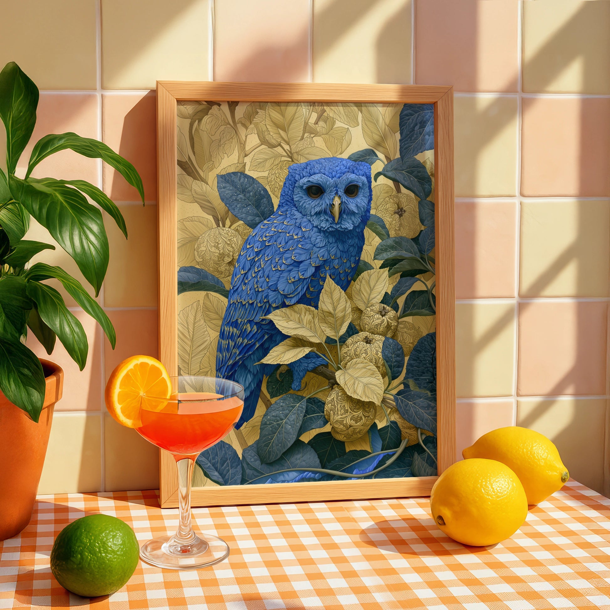 Blue Owl Art Print, Colourful Bird Wall Art, Detailed Floral Illustrations