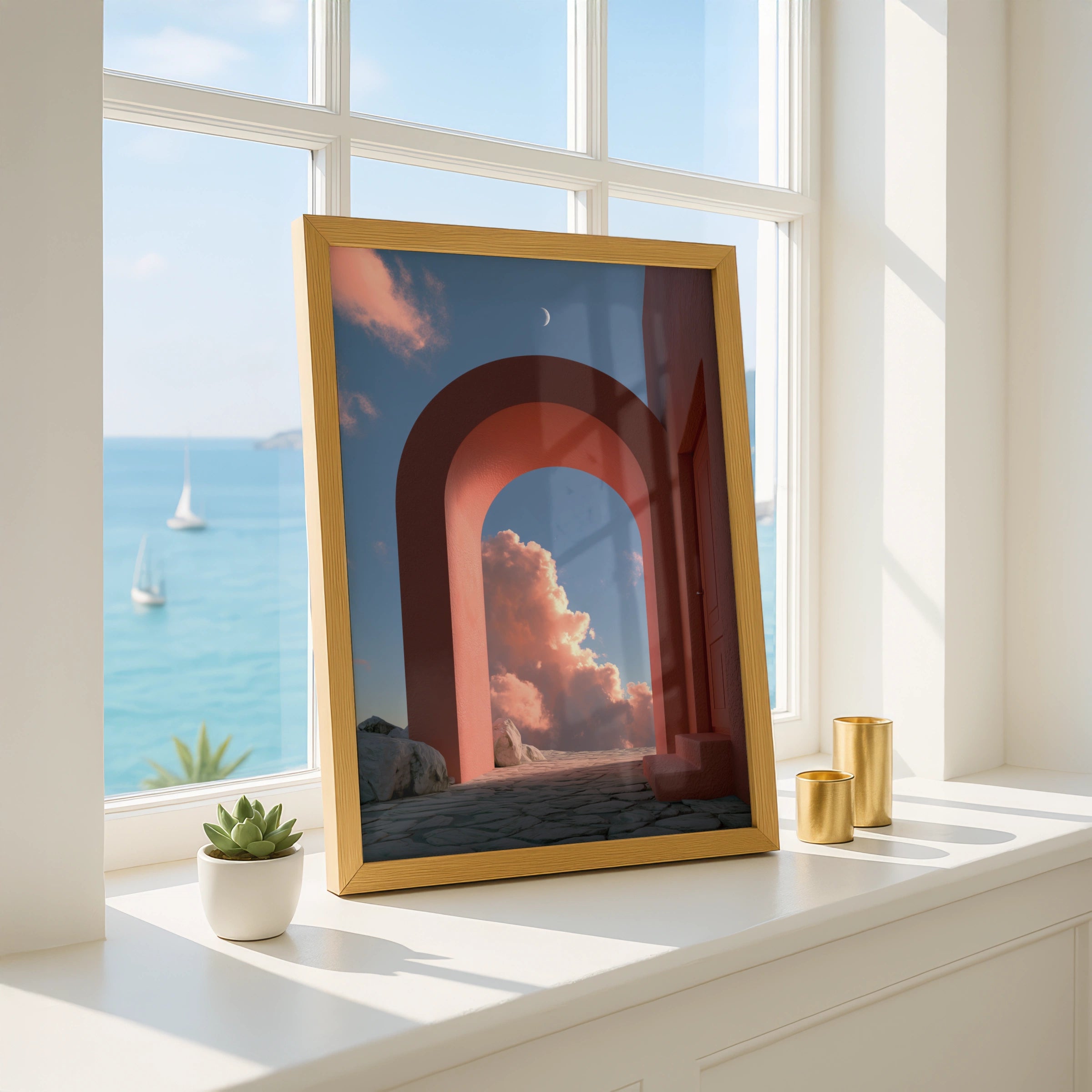 Vibrant Red Archway, Surreal Cloudy Sky, Modern Art Print, Minimalist Decor