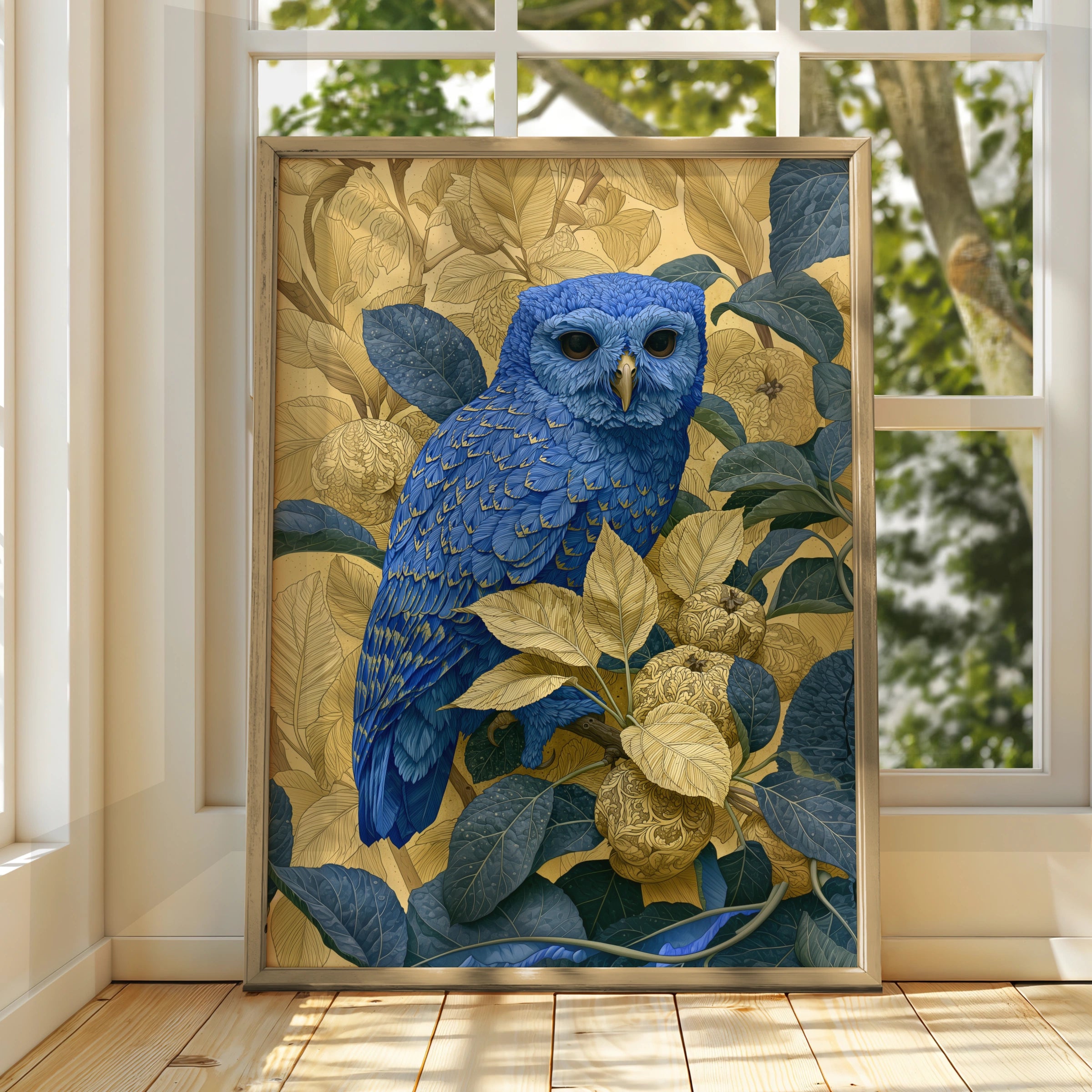 Blue Owl Art Print, Colourful Bird Wall Art, Detailed Floral Illustrations