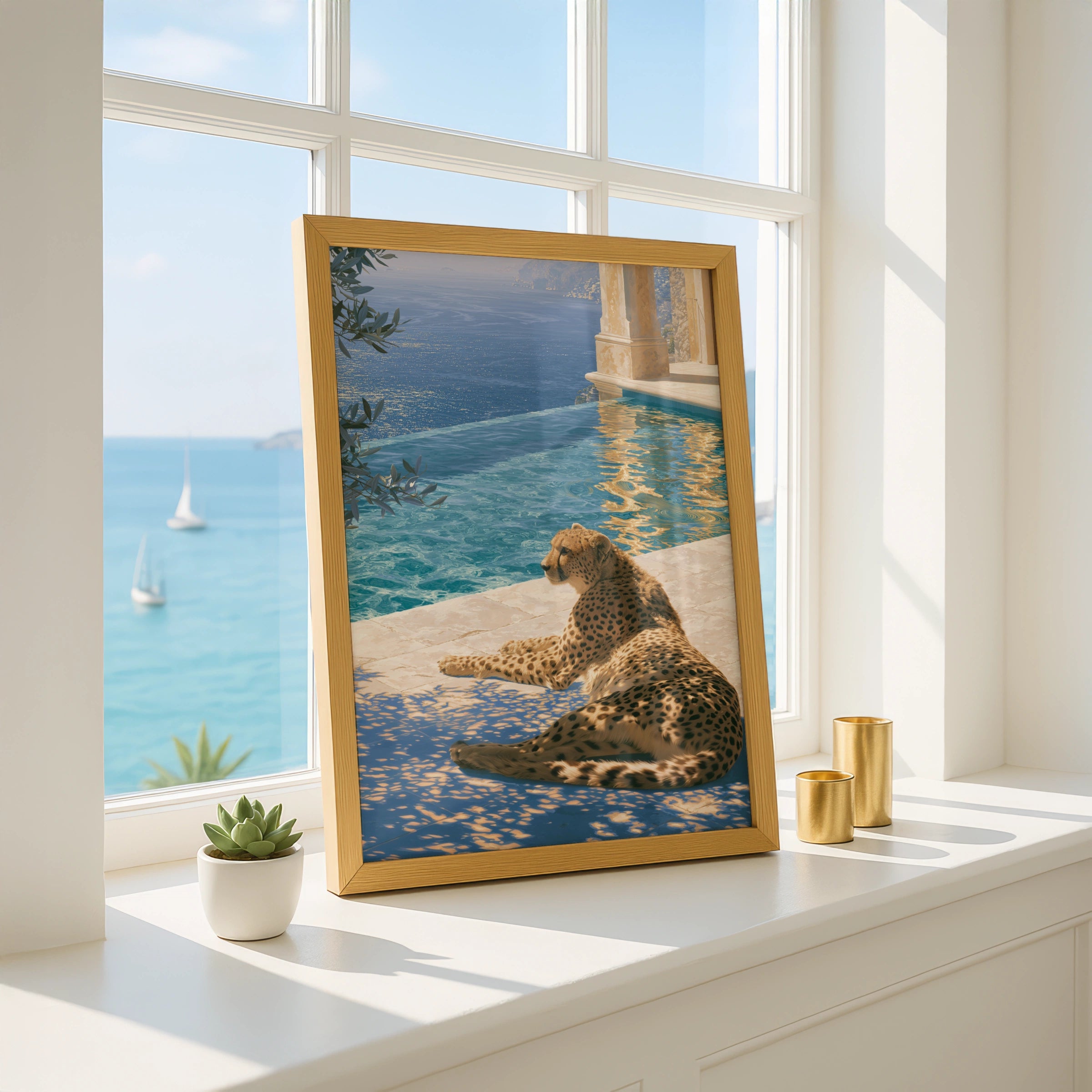 Cheetah by Poolside, Exotic Animal Art Print, Modern Wall Decor for Living Room