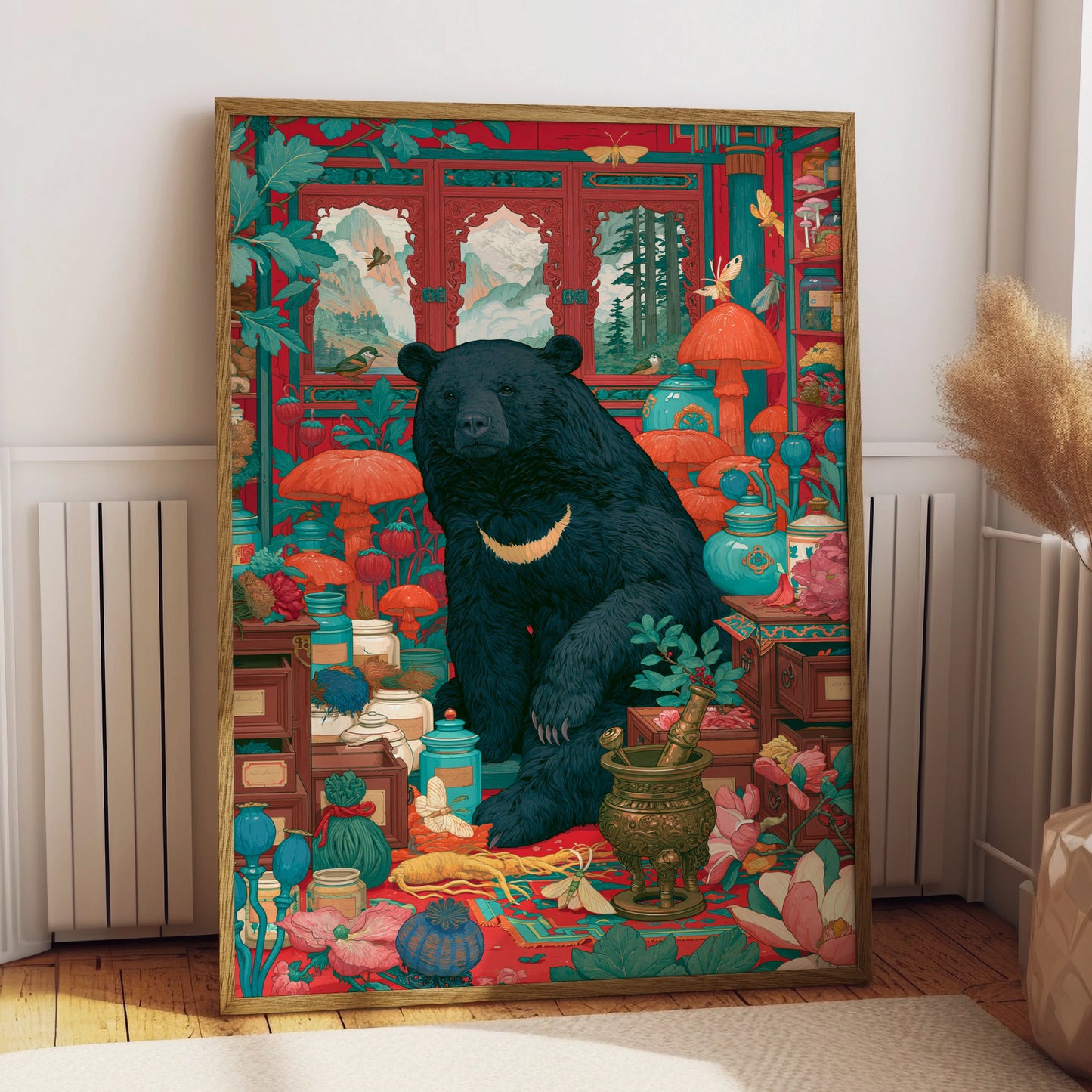 Bear Apothecary Art Print, Botanical Wall Art, Colourful Nature Decor