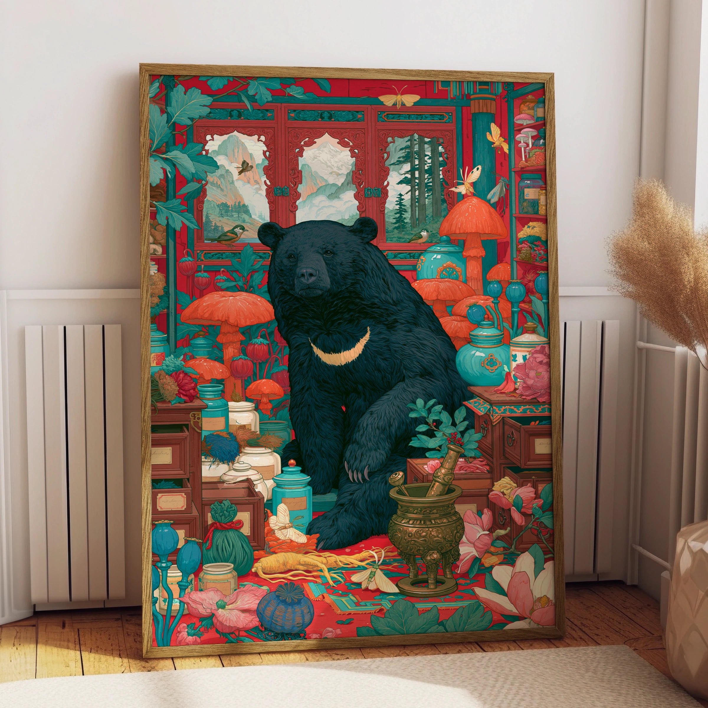 Bear Apothecary Art Print, Botanical Wall Art, Colourful Nature Decor