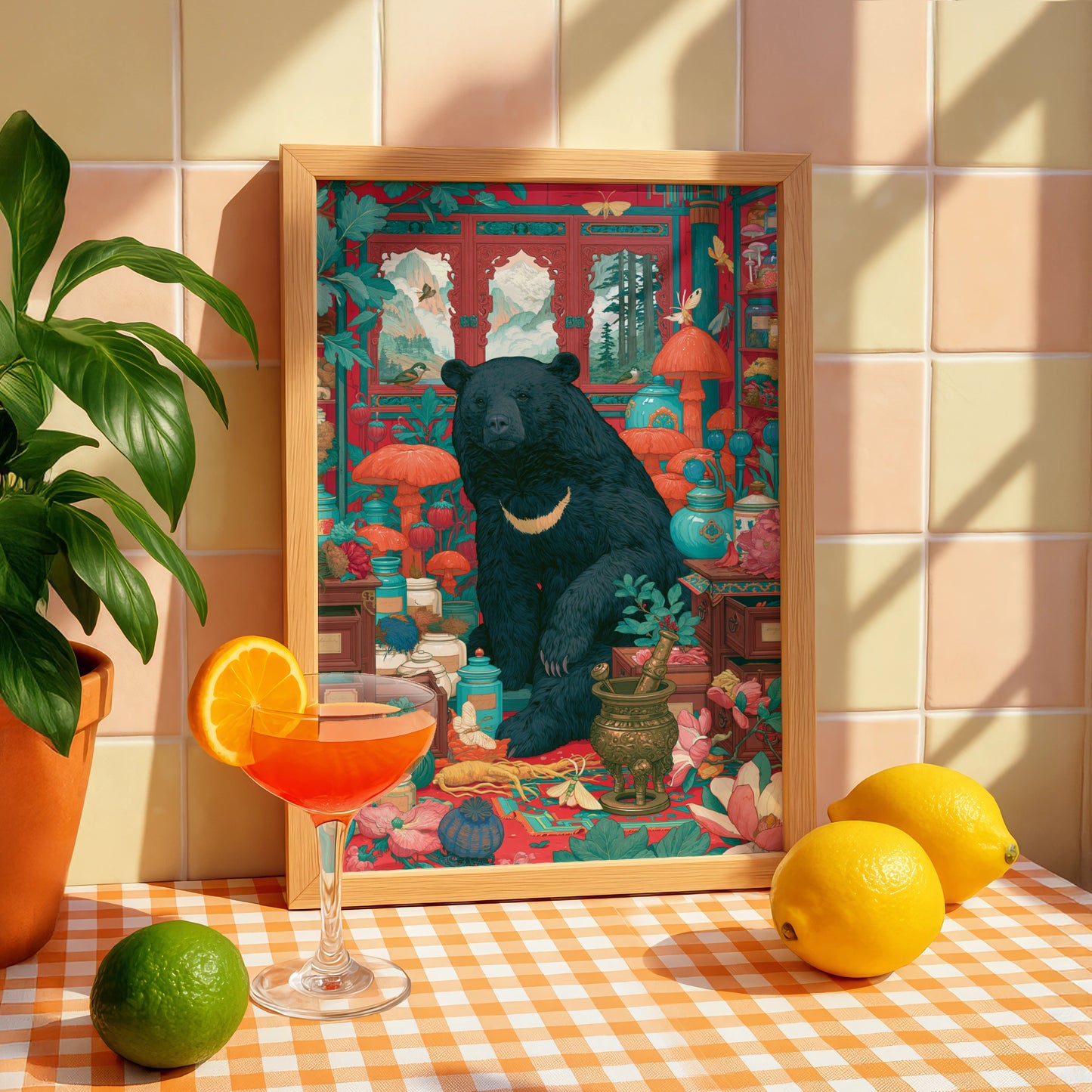 Bear Apothecary Art Print, Botanical Wall Art, Colourful Nature Decor
