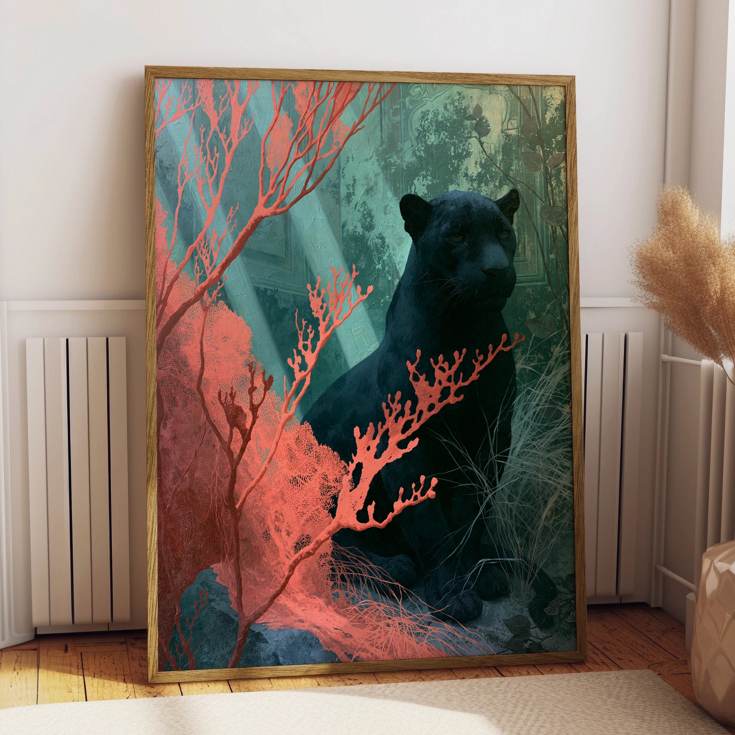 Black Panther in Coral Surroundings, Art Print, Wild Animals Decor, Nature Inspired