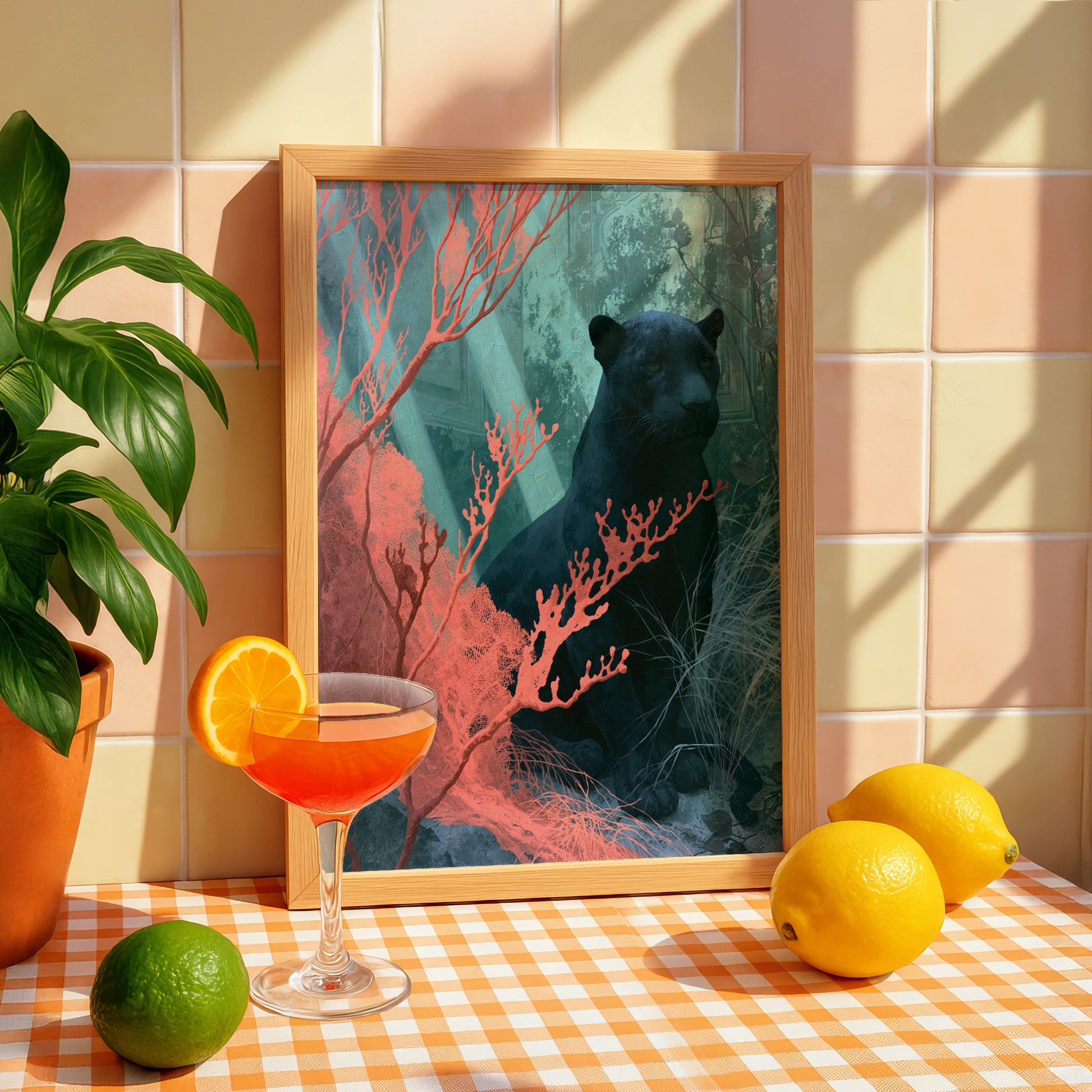 Black Panther in Coral Surroundings, Art Print, Wild Animals Decor, Nature Inspired