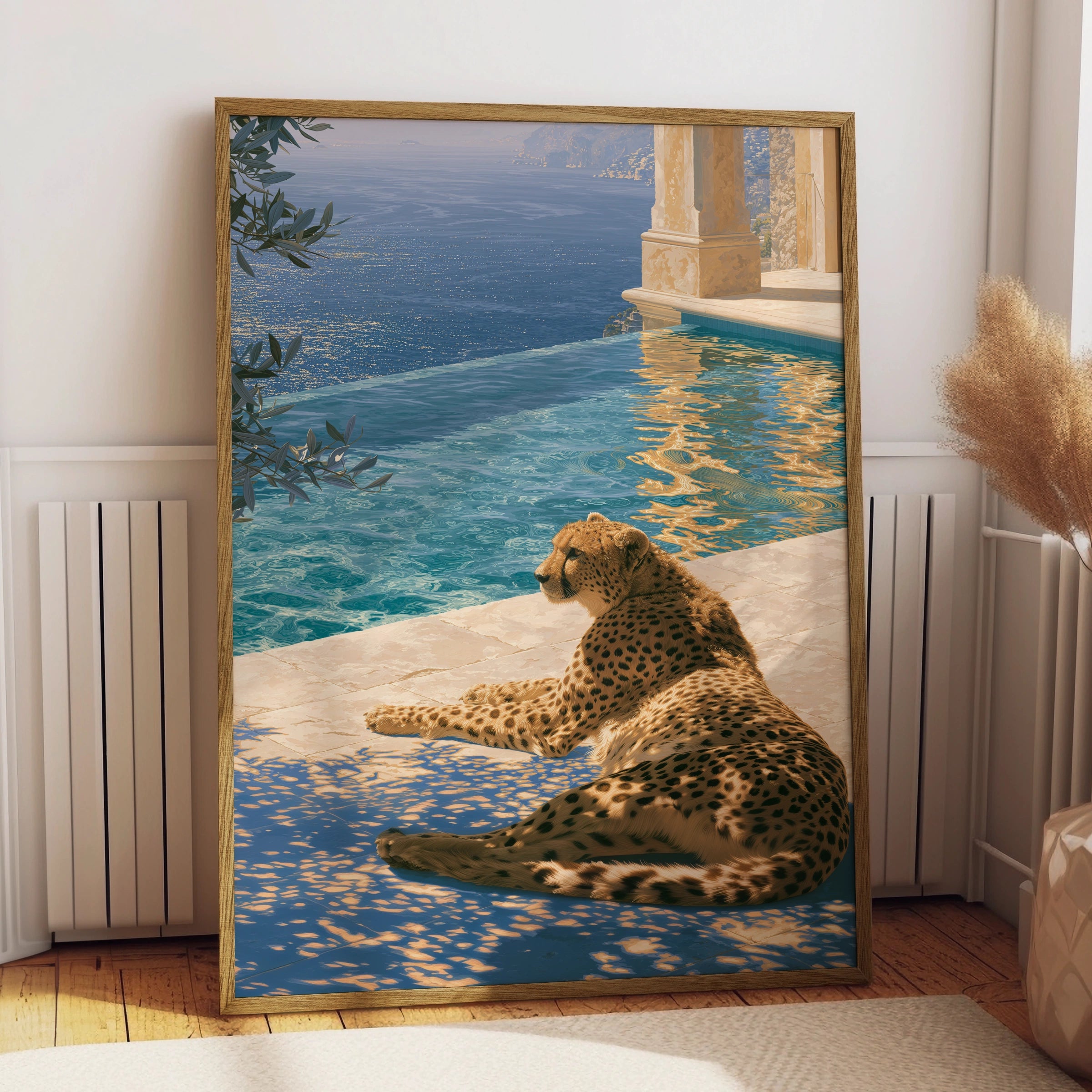 Cheetah by Poolside, Exotic Animal Art Print, Modern Wall Decor for Living Room