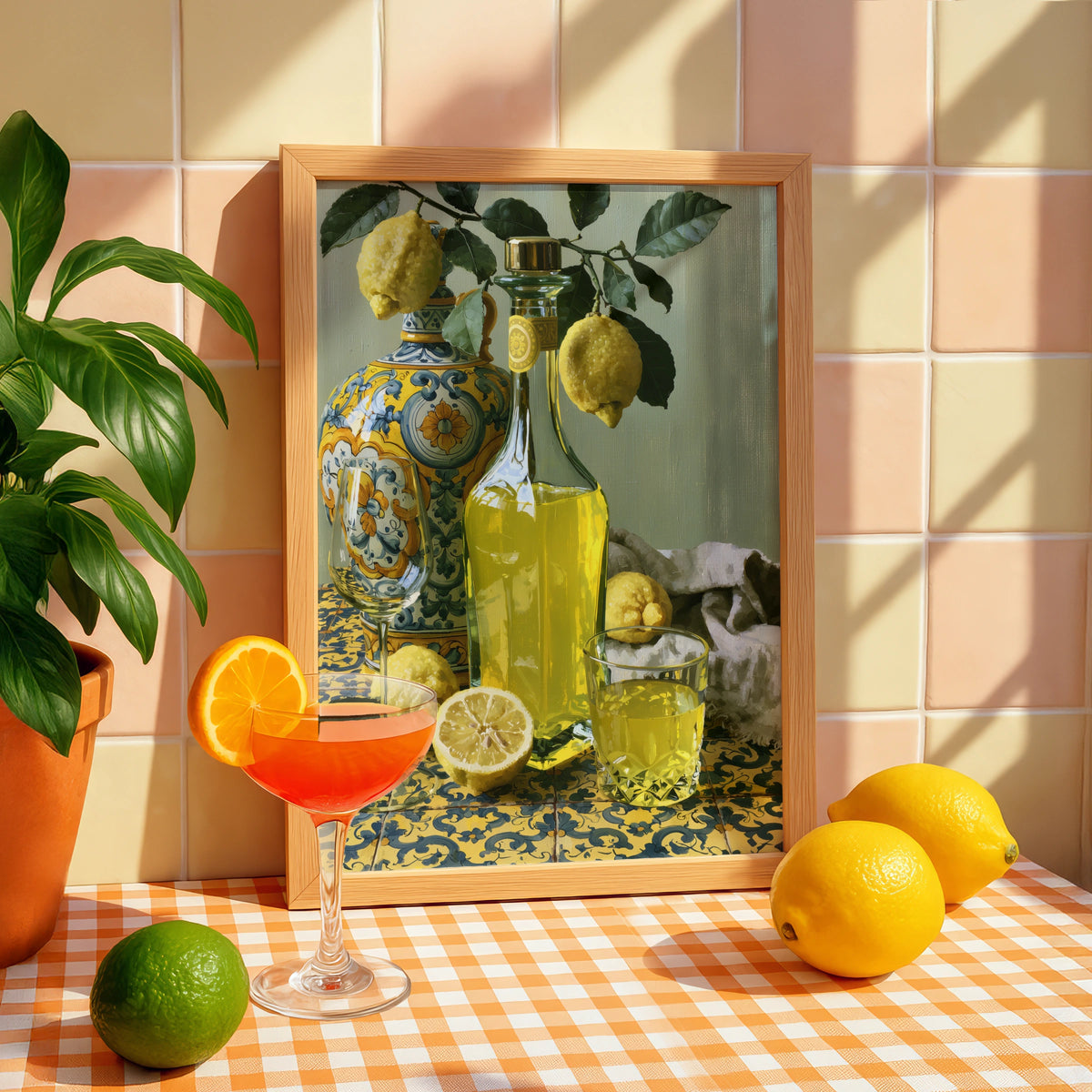 Limoncello Still Life Art, Lemon Drink Print, Colourful Kitchen Wall Art