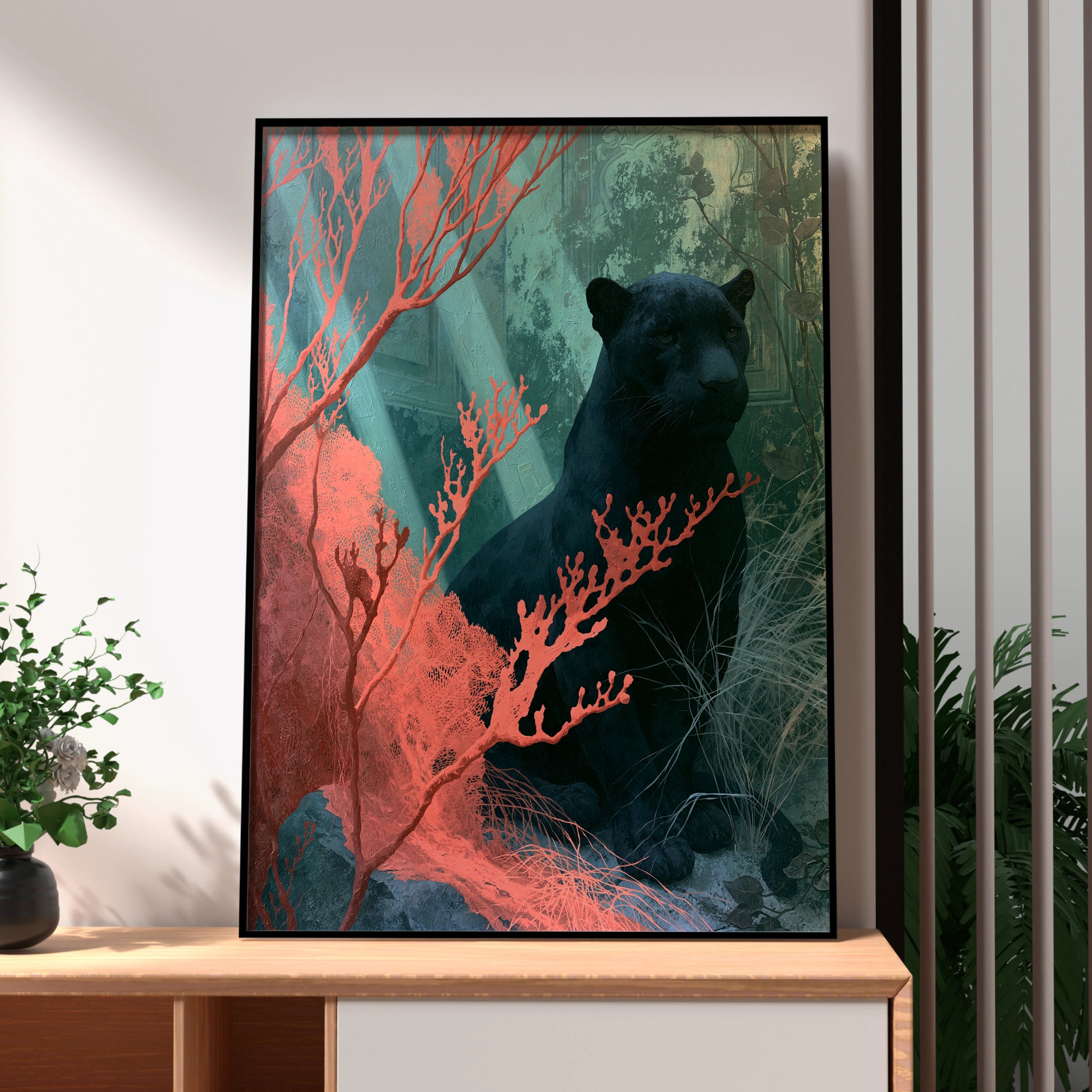 Black Panther in Coral Surroundings, Art Print, Wild Animals Decor, Nature Inspired
