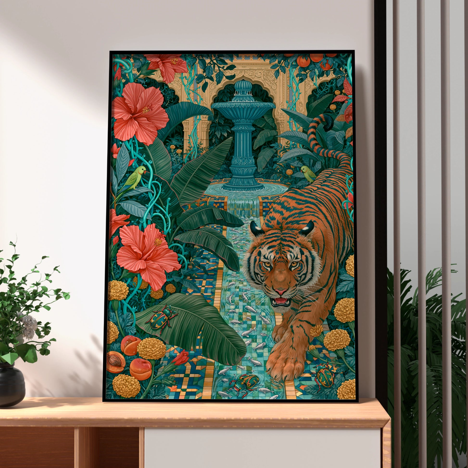 Majestic Tiger in Tropical Garden, Art Print, Vibrant Colours, Bold Details, Exotic Flora