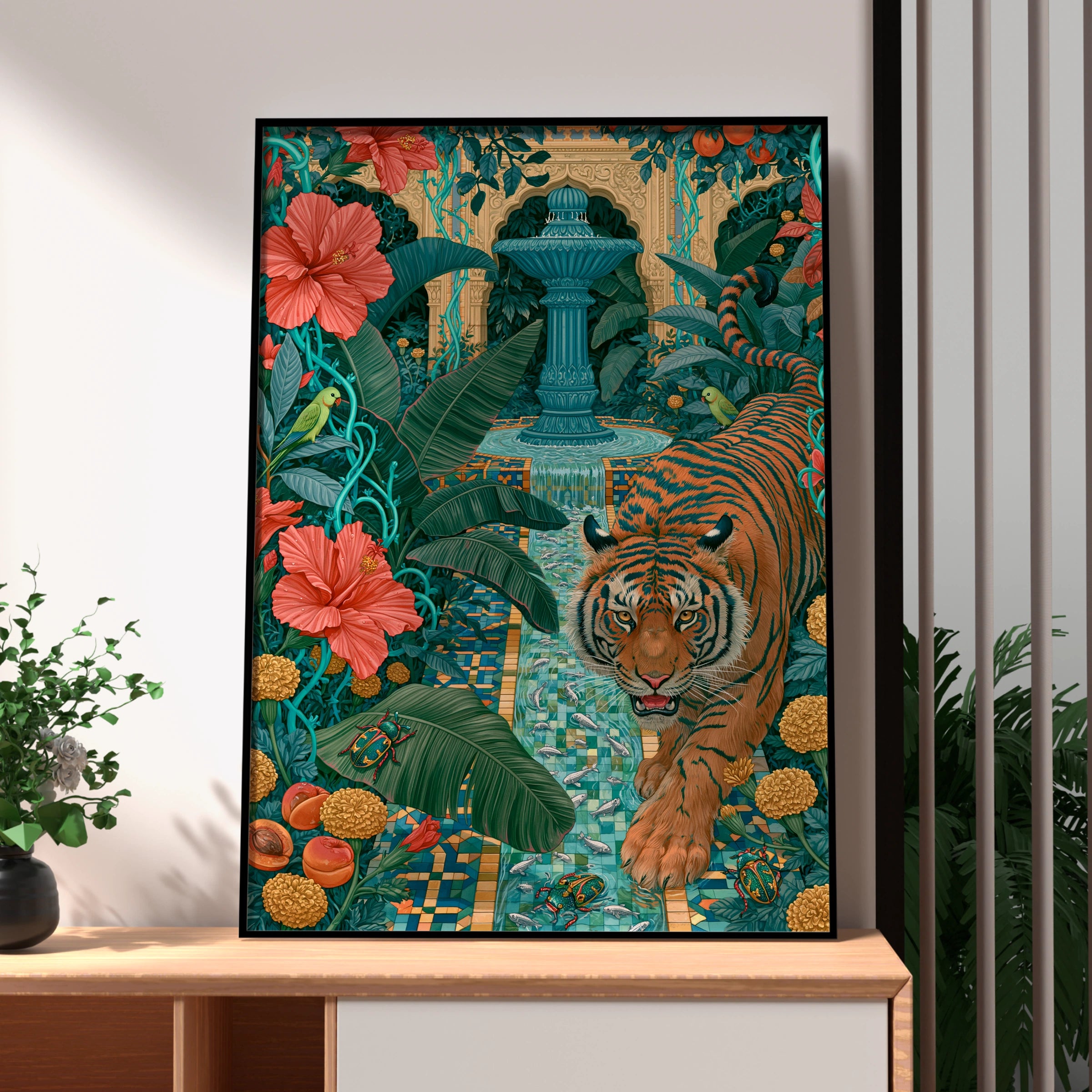 Majestic Tiger in Tropical Garden, Art Print, Vibrant Colours, Bold Details, Exotic Flora