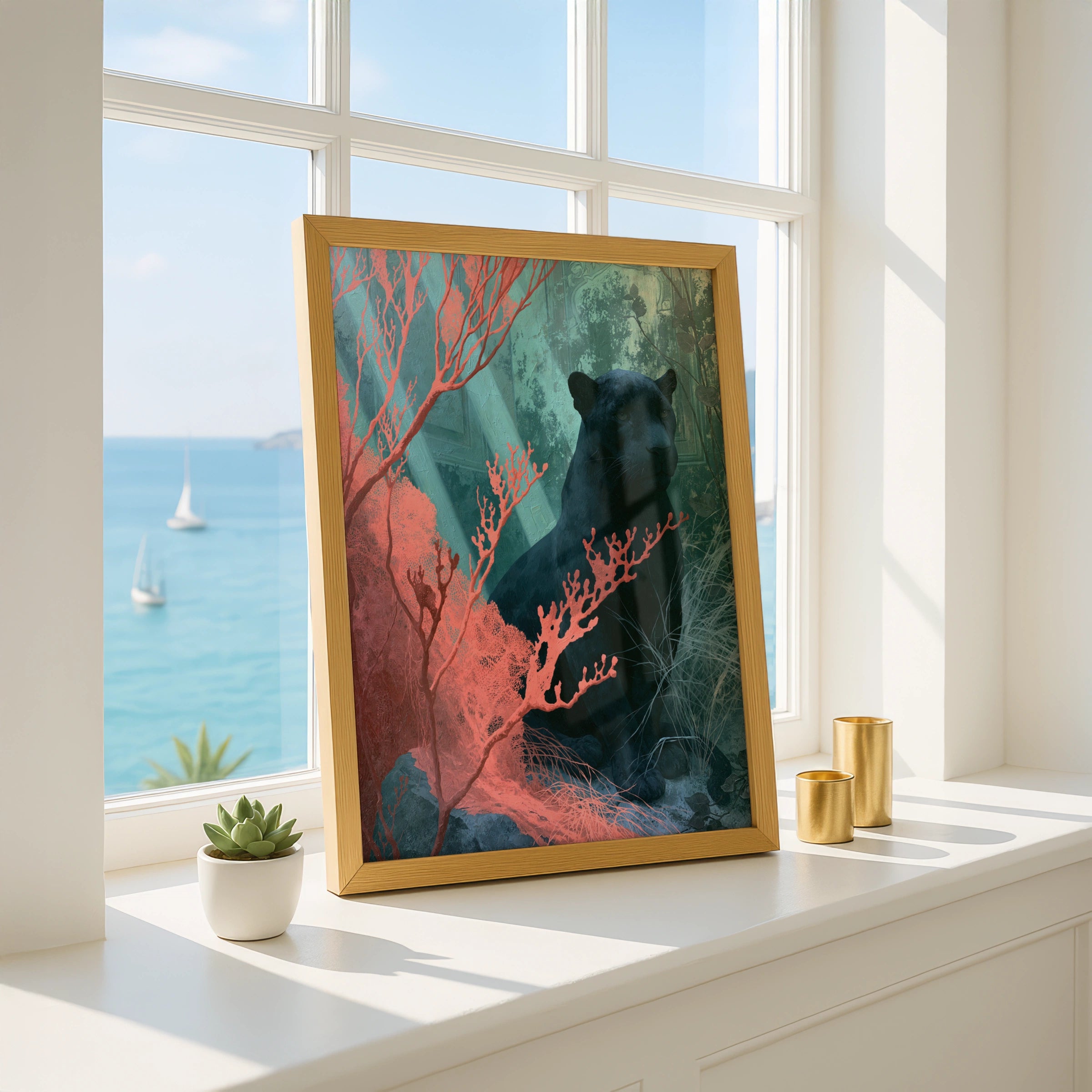 Black Panther in Coral Surroundings, Art Print, Wild Animals Decor, Nature Inspired
