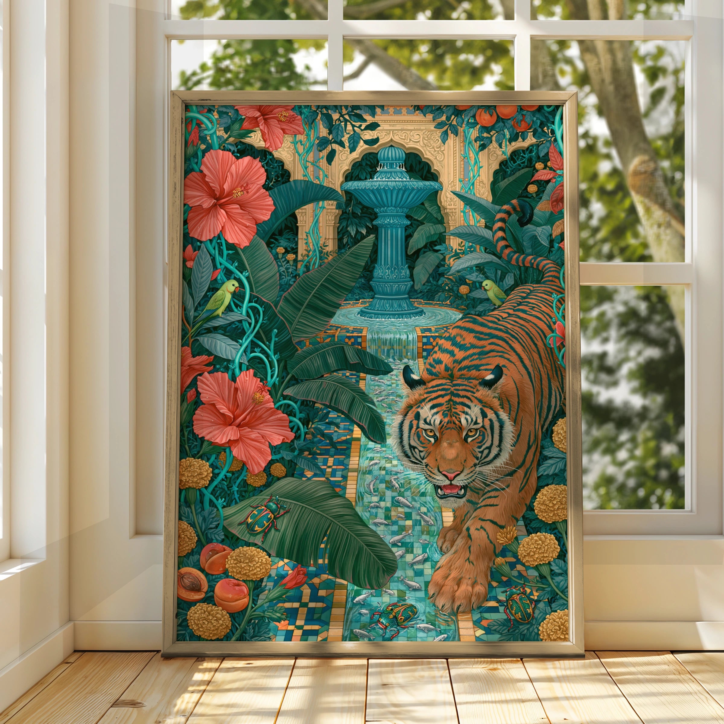Majestic Tiger in Tropical Garden, Art Print, Vibrant Colours, Bold Details, Exotic Flora