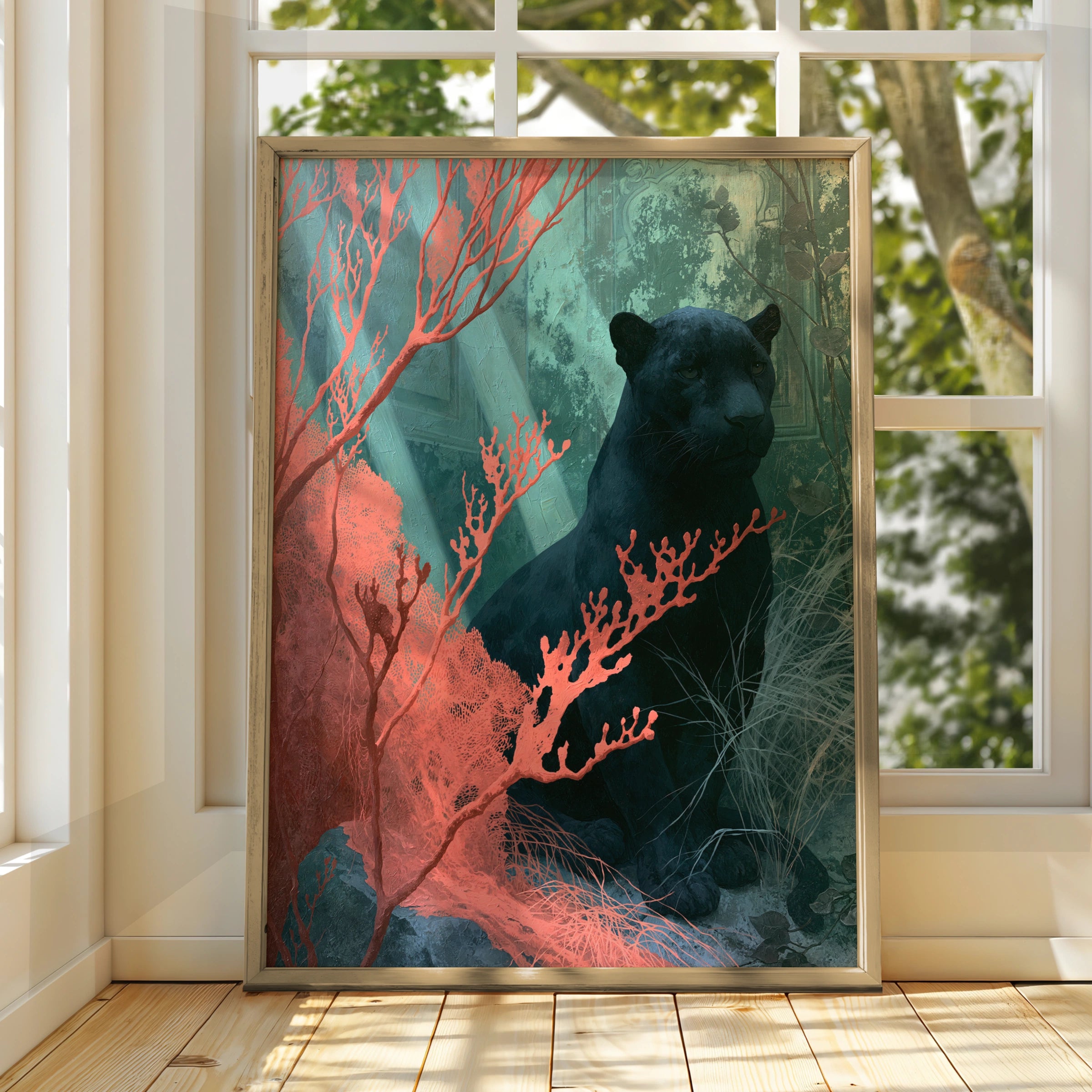 Black Panther in Coral Surroundings, Art Print, Wild Animals Decor, Nature Inspired