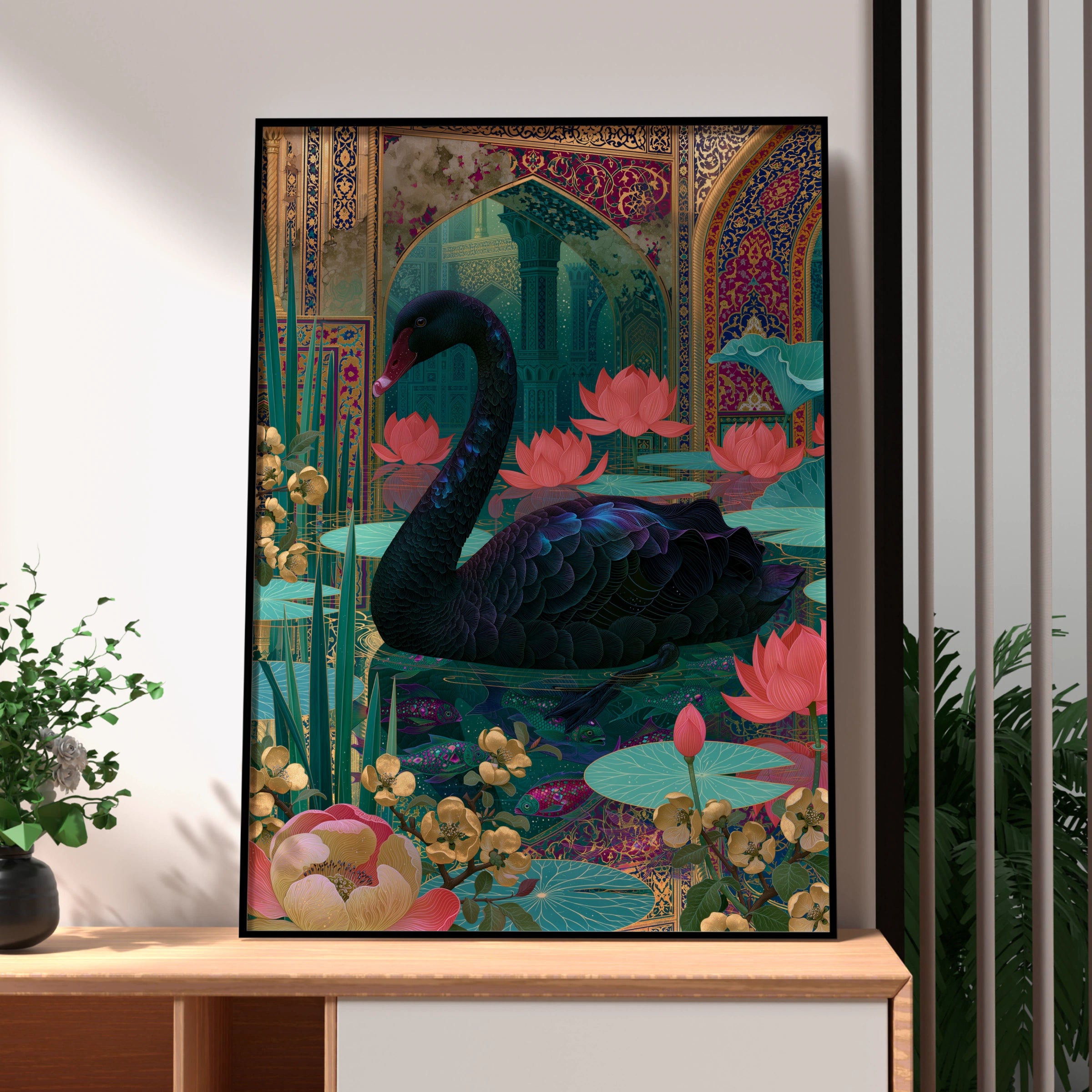 Elegant Black Swan Print, Floral Art Decor, Botanical Wall Art, Modern Illustration