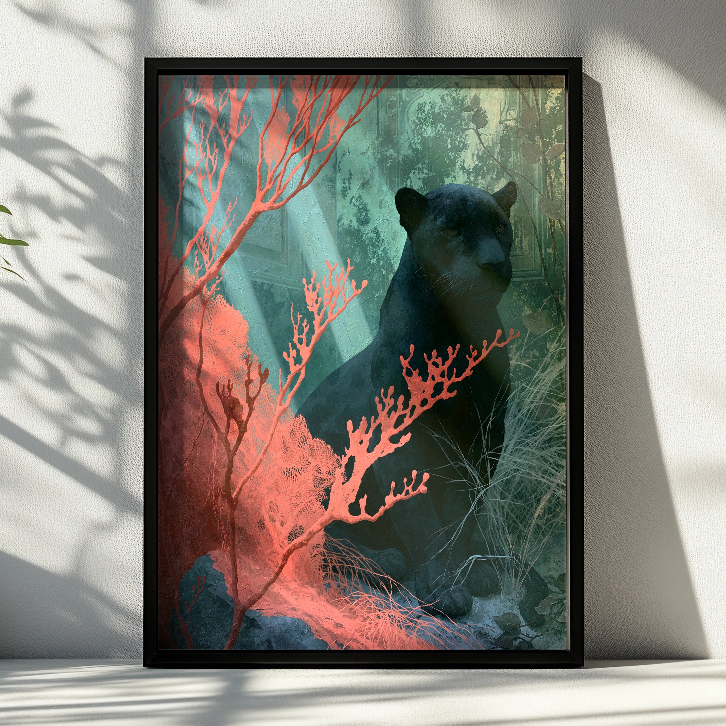 Black Panther in Coral Surroundings, Art Print, Wild Animals Decor, Nature Inspired
