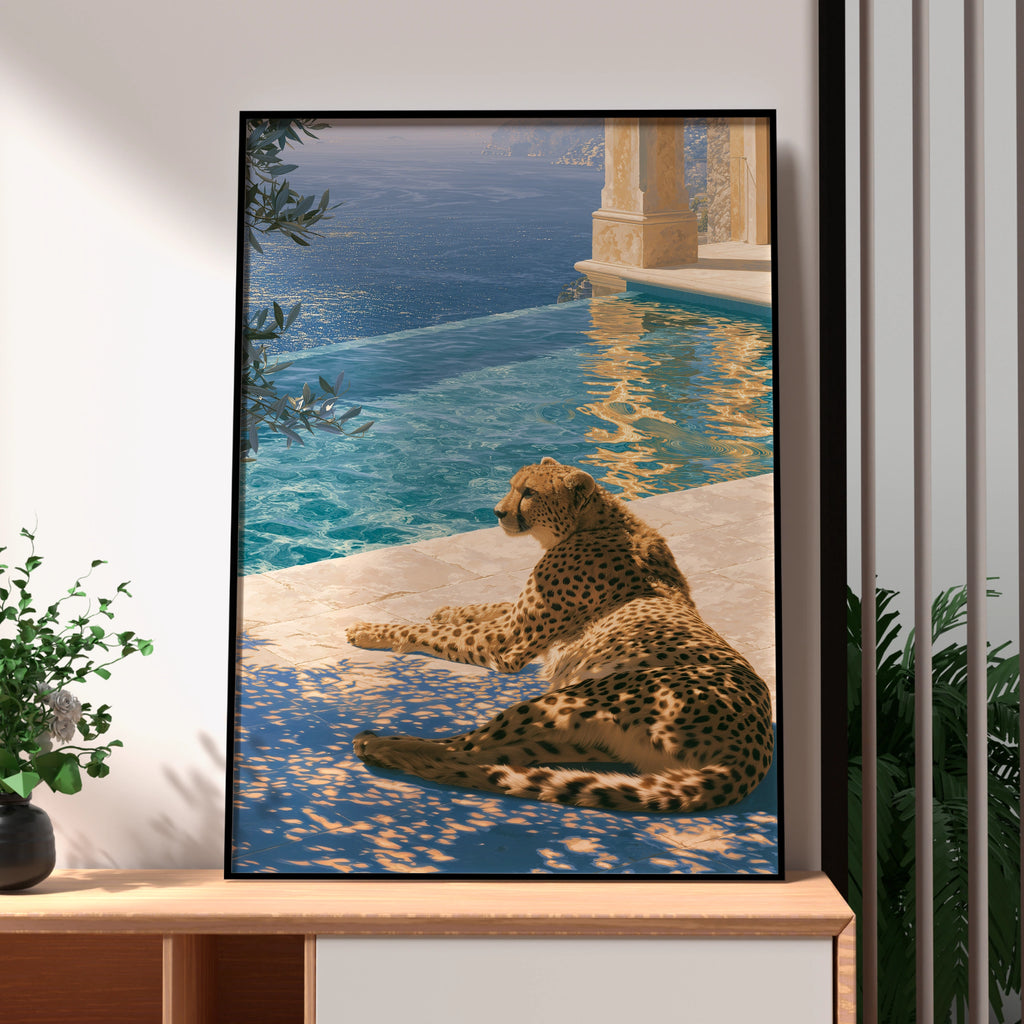 Cheetah by Poolside, Exotic Animal Art Print, Modern Wall Decor for Living Room