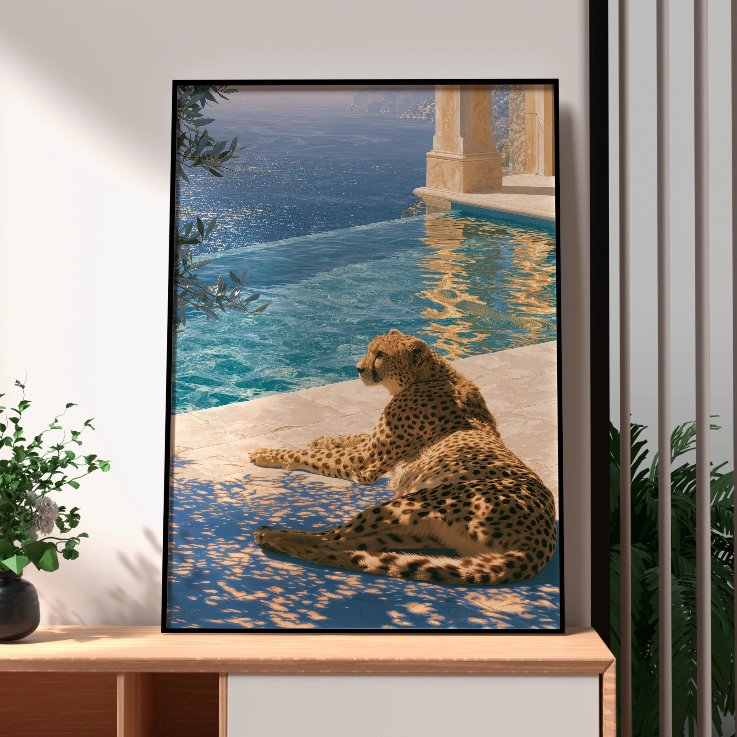 Cheetah by Poolside, Exotic Animal Art Print, Modern Wall Decor for Living Room