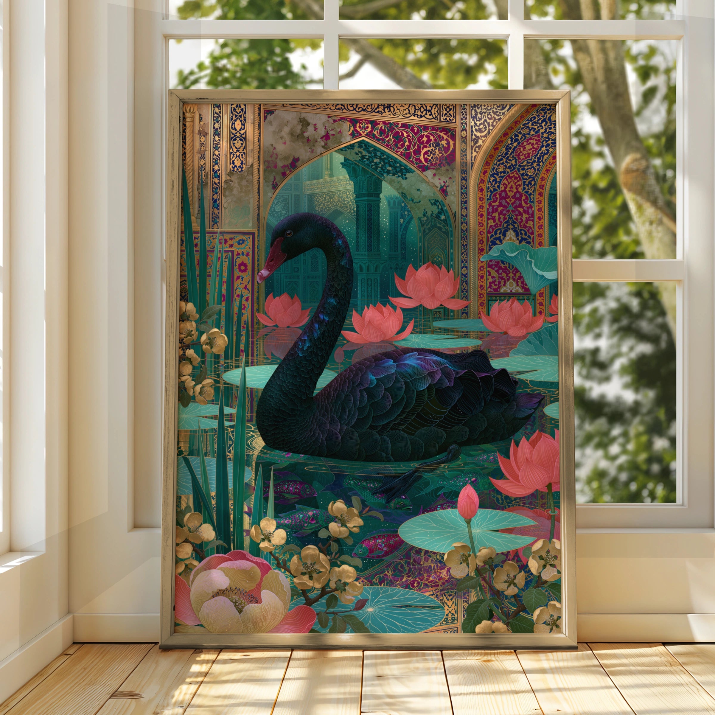 Elegant Black Swan Print, Floral Art Decor, Botanical Wall Art, Modern Illustration