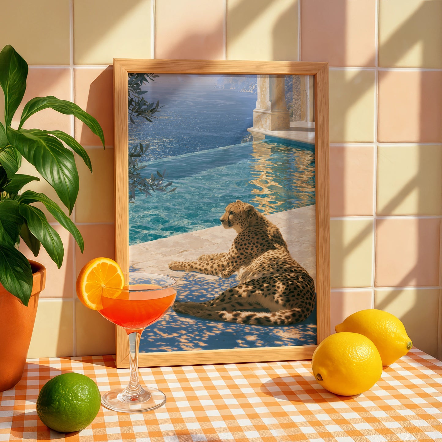 Cheetah by Poolside, Exotic Animal Art Print, Modern Wall Decor for Living Room