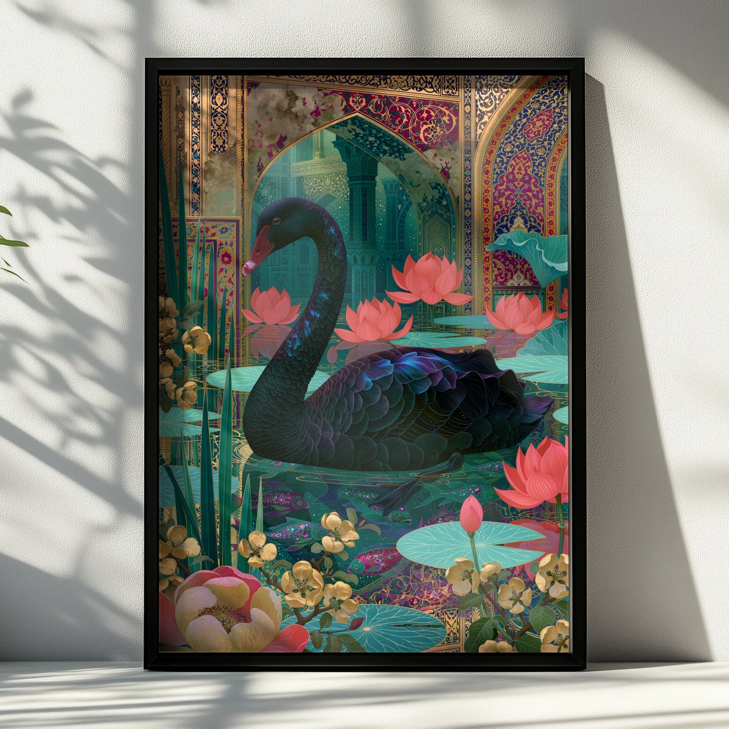 Elegant Black Swan Print, Floral Art Decor, Botanical Wall Art, Modern Illustration