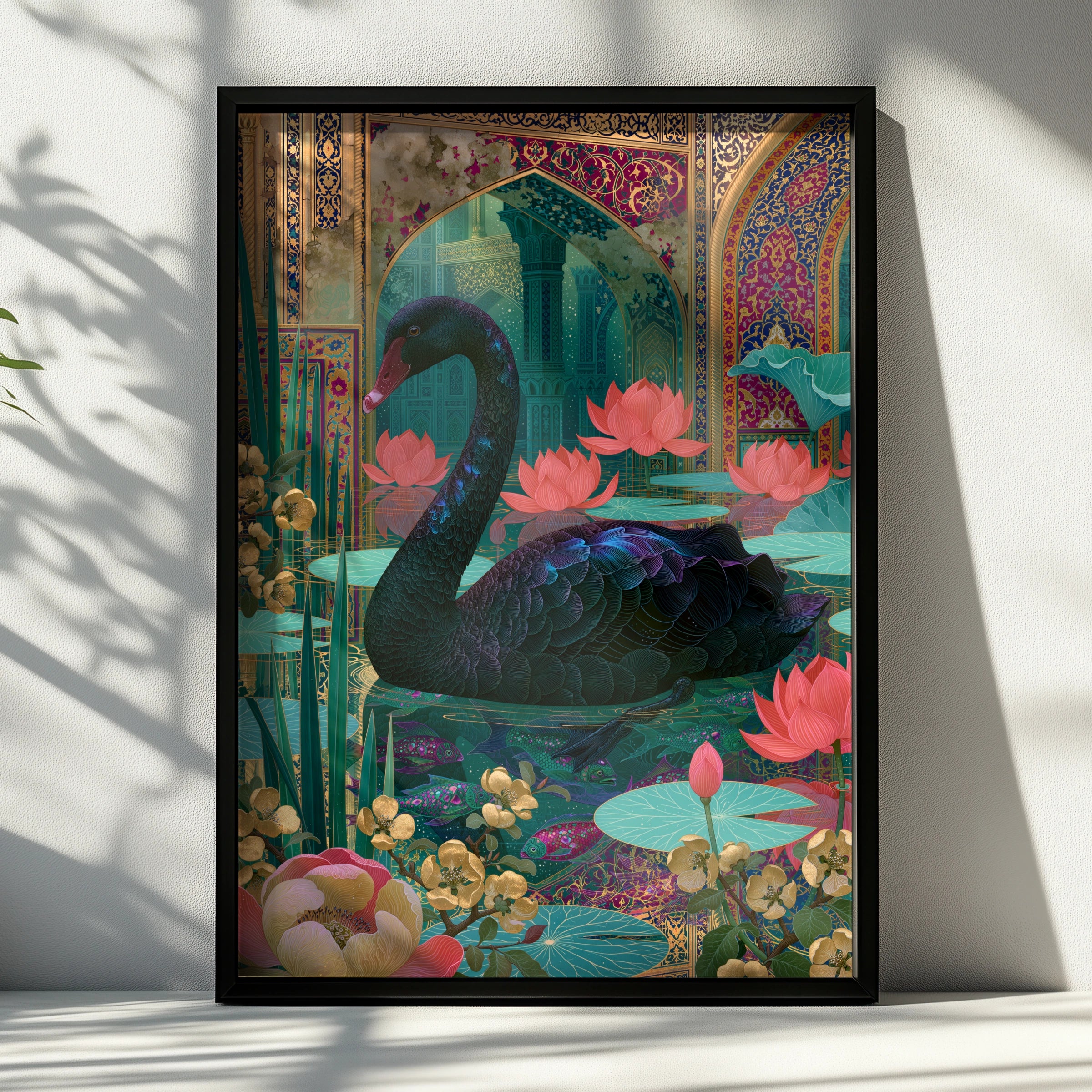 Elegant Black Swan Print, Floral Art Decor, Botanical Wall Art, Modern Illustration