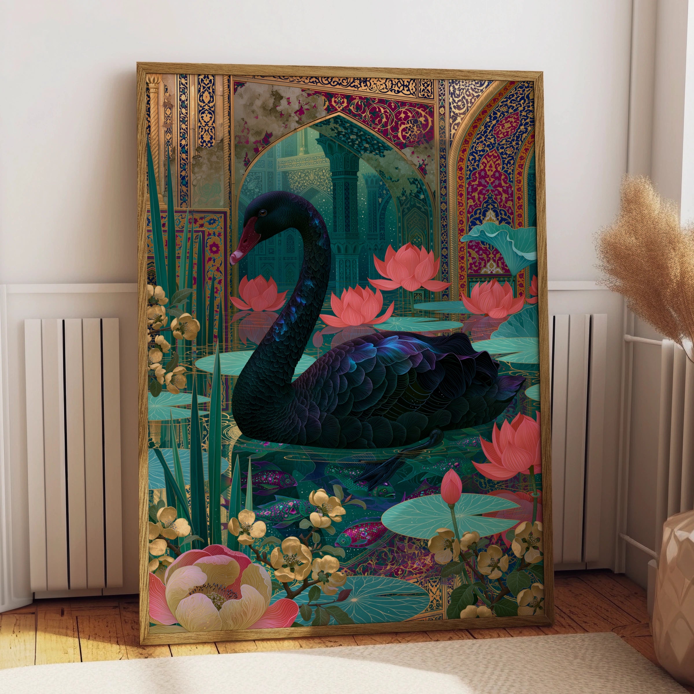 Elegant Black Swan Print, Floral Art Decor, Botanical Wall Art, Modern Illustration